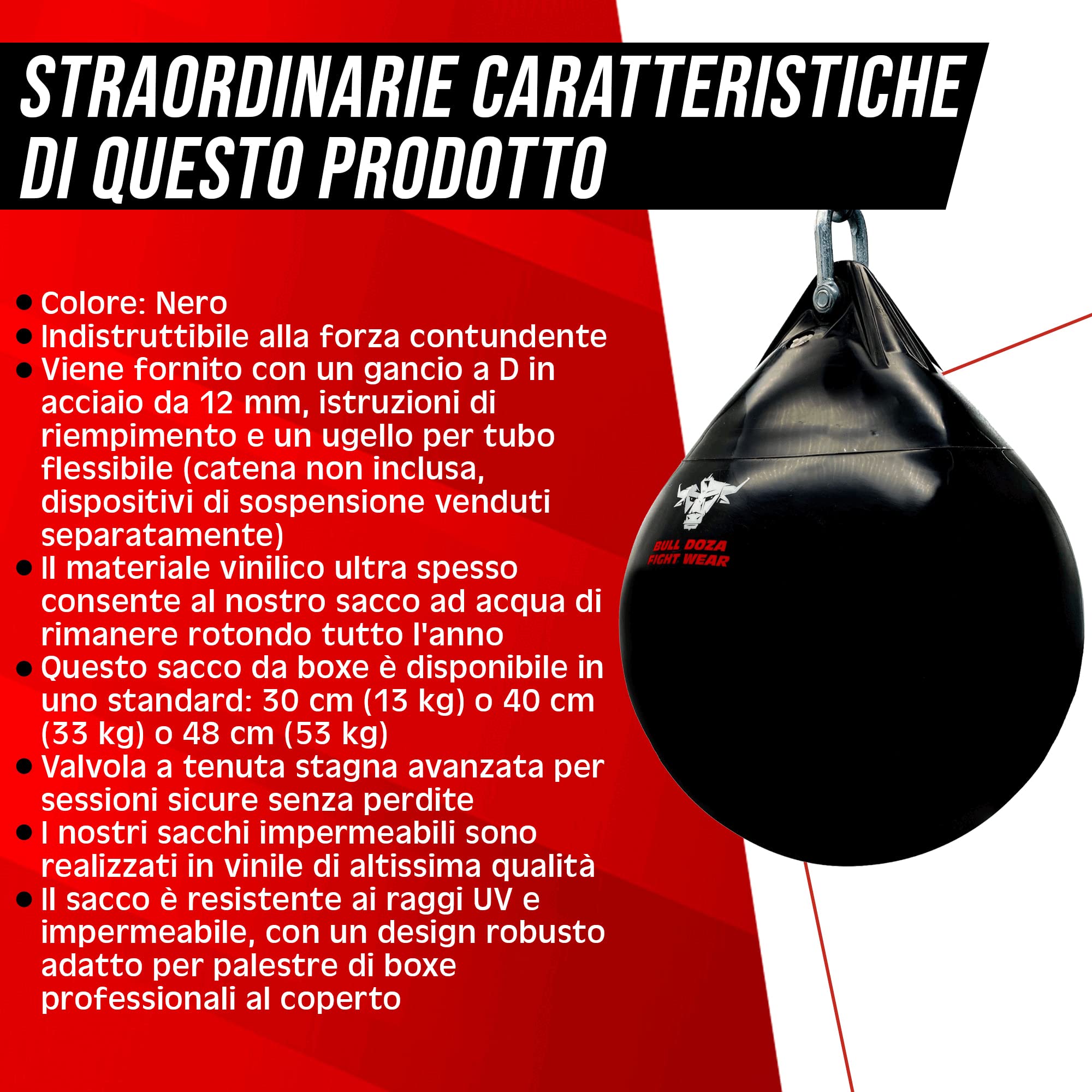 Bull Doza Fight Wear Sacco da boxe ad acqua - Resistente - Impermeabile - Tre dimensioni