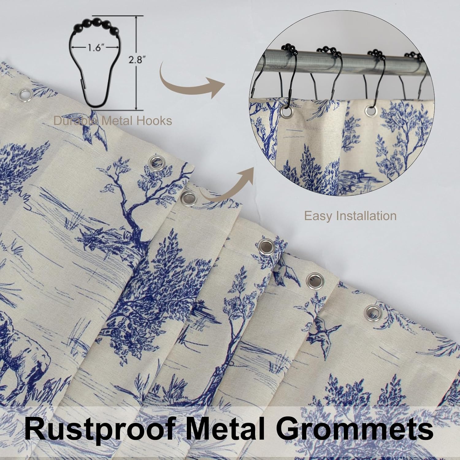 MUGINYU French Toile de Jouy Shower Curtain Linen 72x72 - Blue Countryside Landscape with Sheep, Dogs, Trees, Farmhouse Bath Decor