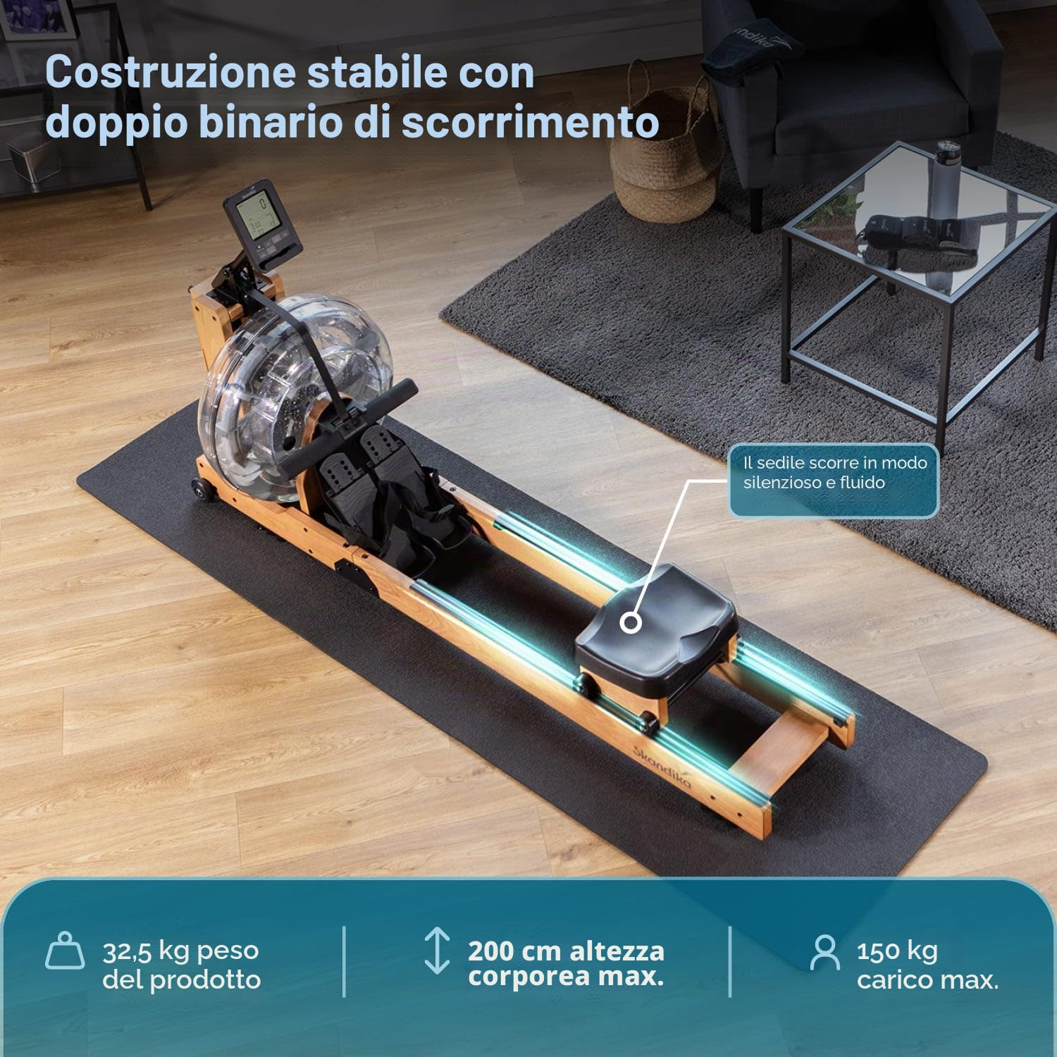 Skandika Vogatore ad acqua Lykke: serbatoio a 90°, vogatore in legno massiccio di faggio per la casa, compatibile con l'app Kinomap