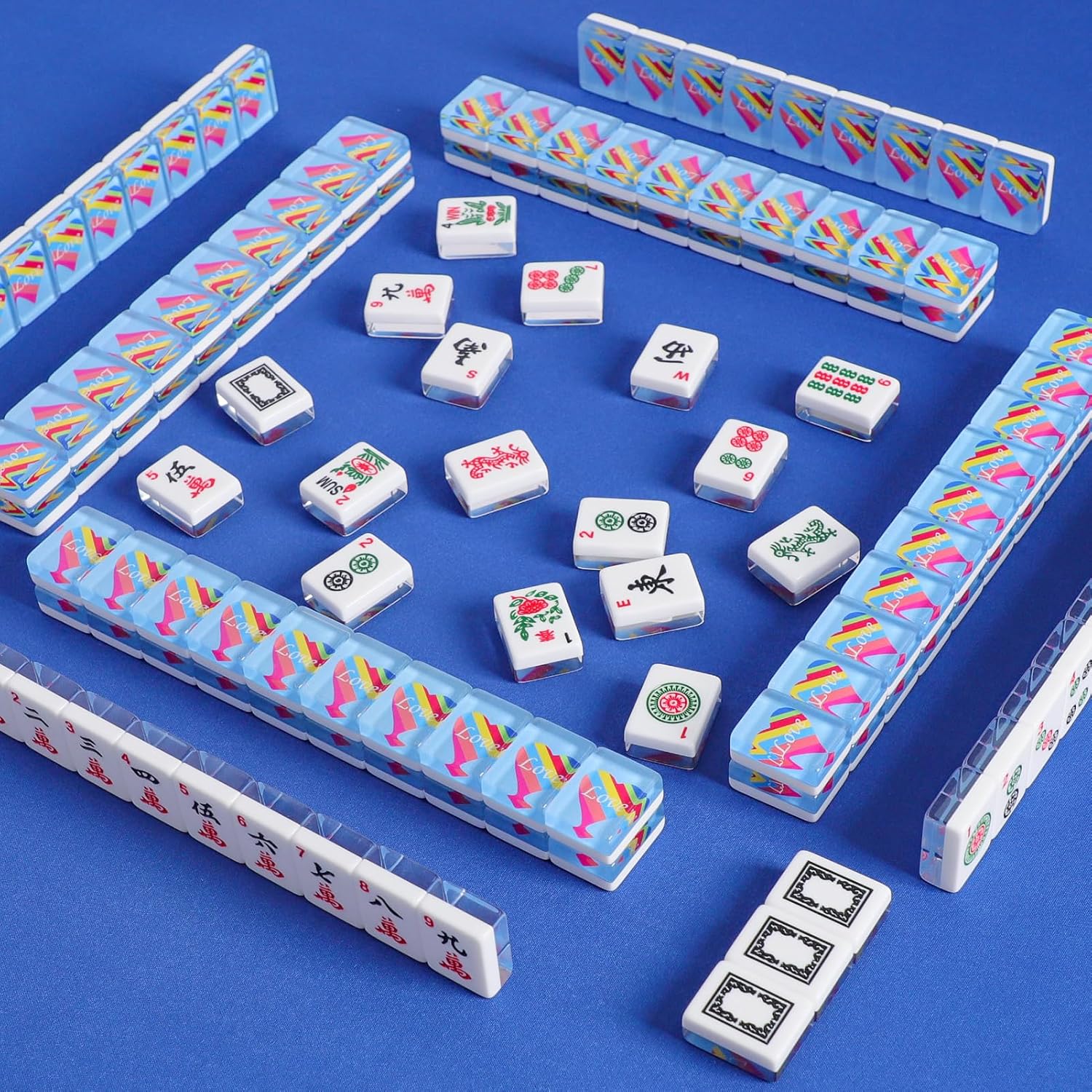 Set of 166 Acrylic American Mahjong Tile Set, Mahjong Game Set with 1.2” Blue Prints (Tiles Only Set)