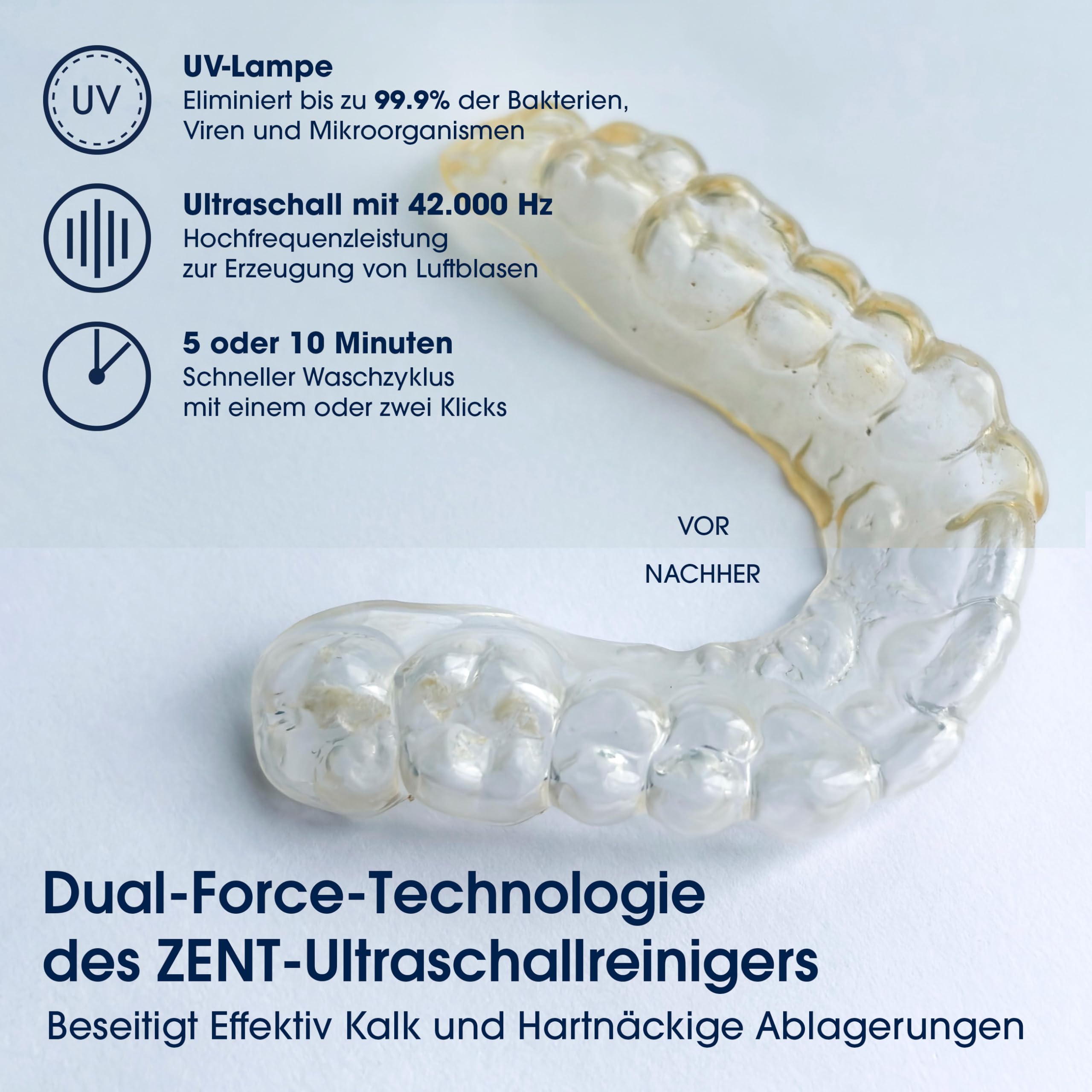 ZENT Ultrasonic Cleaner Ultraschallreinigungsgerät für Zahnschiene Zahnprothesen Schmuck | Ultraschallreiniger 42 kHz, Schnelle Reinigung in 5 Minuten, Ultraschallbad, mit UV-Desinfektion, 0.2l
