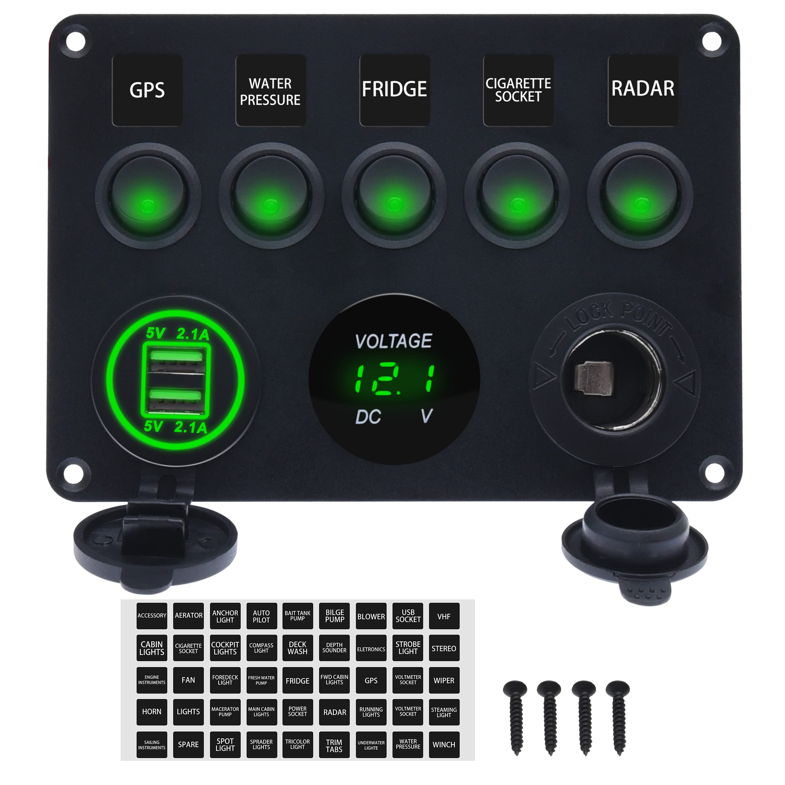 KAOLALI 5 Gang Toggle Switch Panel Automotive Marine Switch Panel 12V Waterproof Switch Panel for Boat, Truck, Car 5V 4.2A USB Slot Socket + Cigarette