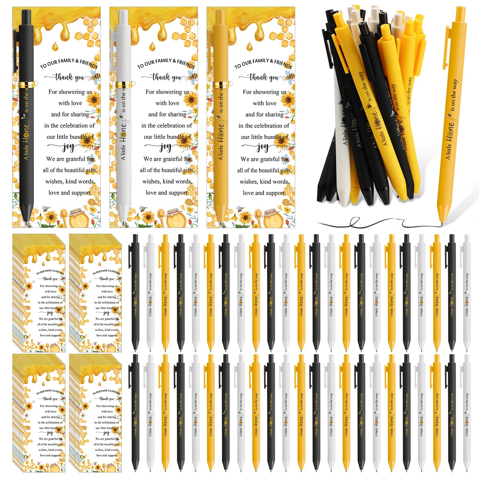 Engrowtic 100 Set Bee Baby Shower Gifts Pens for Guest Bee Themed Baby Shower Party Favors Ballpoint Pens with Thank You Cards Cute Gender Reveal Game