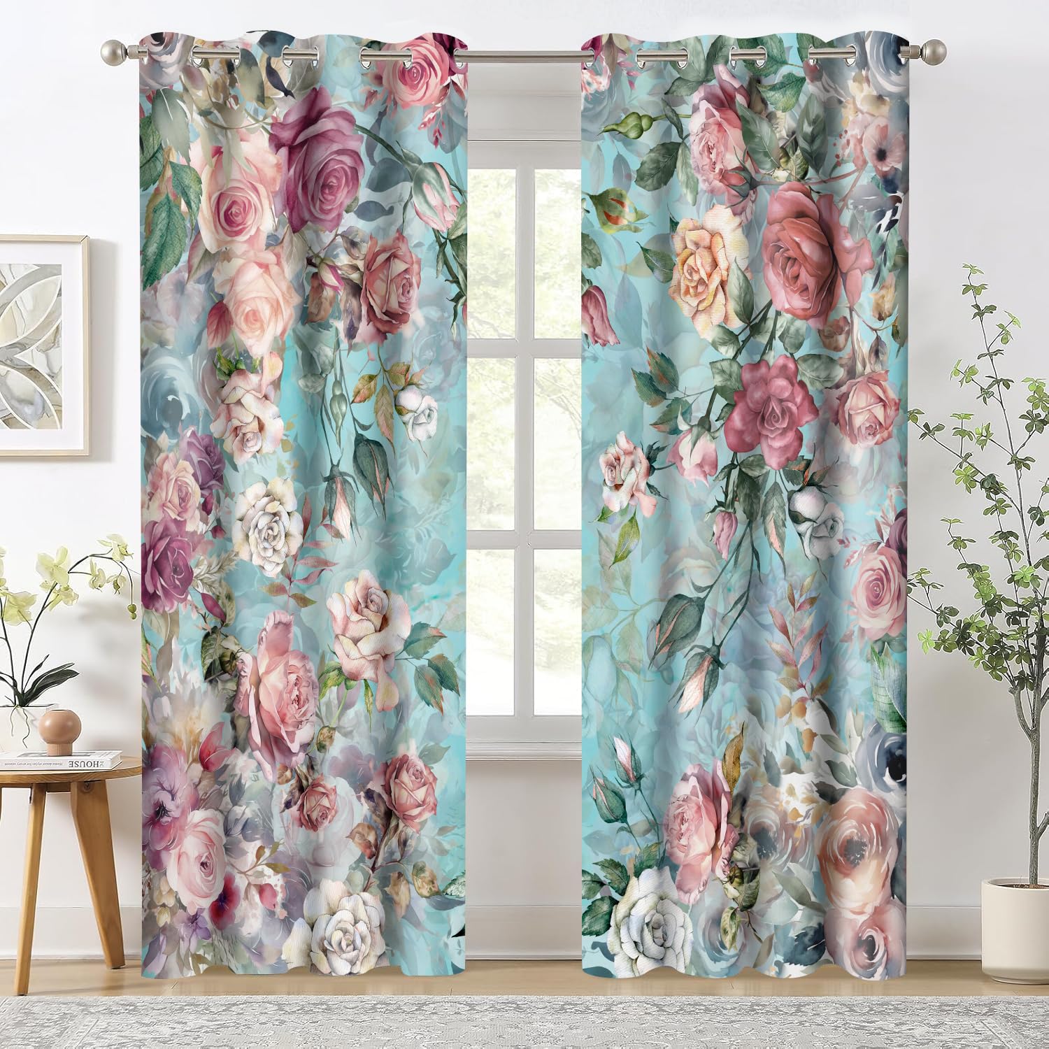 HIYSMT Blue Pink Rose Floral Curtains Vintage Light Blue Flower Blackout Curtain Watercolor Teal Botanical Drapes for Women Girls Bedroom Living Room