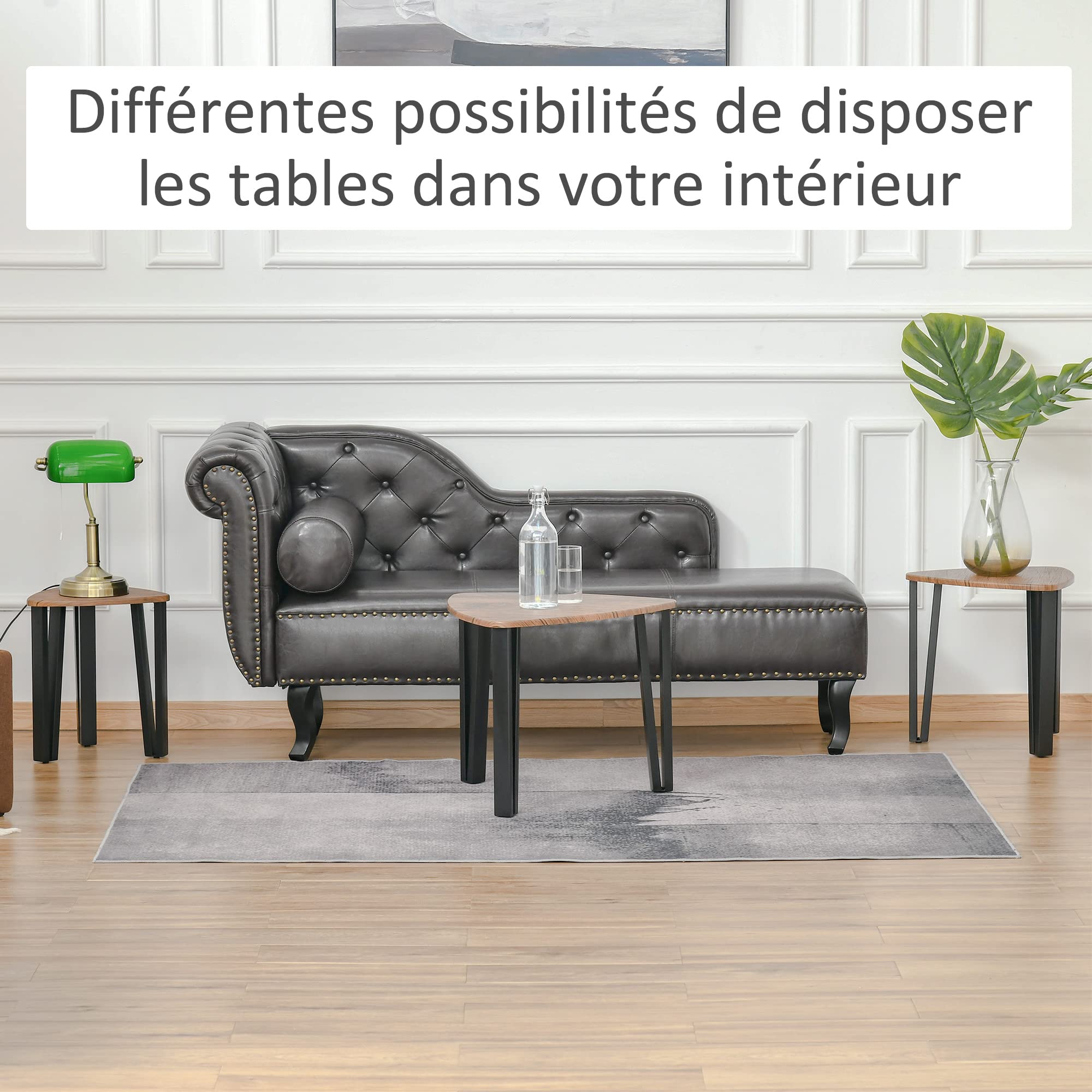 HOMCOM Ensemble de 3 Tables Basses gigognes encastrables Style Industriel piètements métal Noir en épingle Plateaux Aspect Bois de Noyer