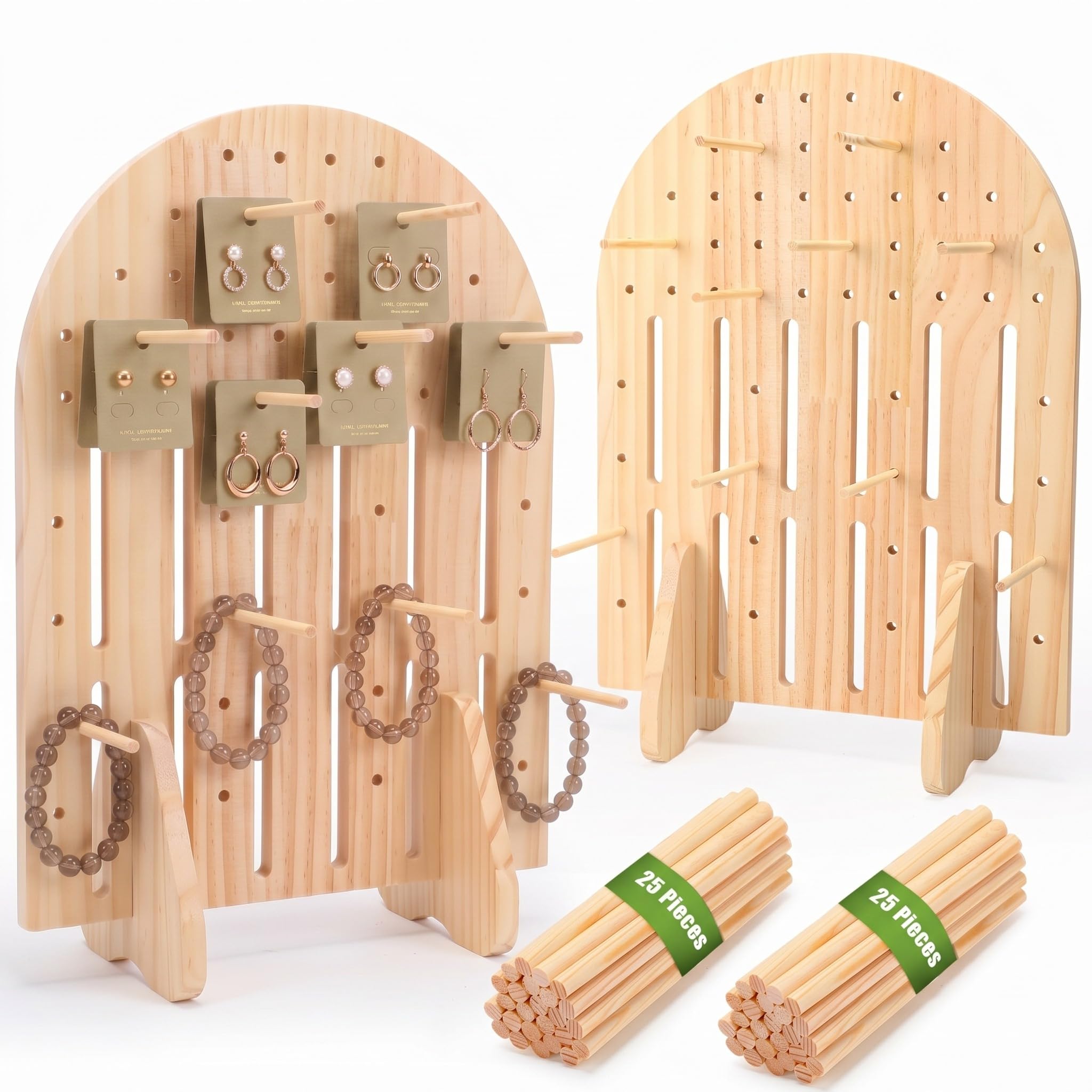 SiliFine 2 Wooden Pegboard Display Stand with 25 Dowel Rods, Natural Wood