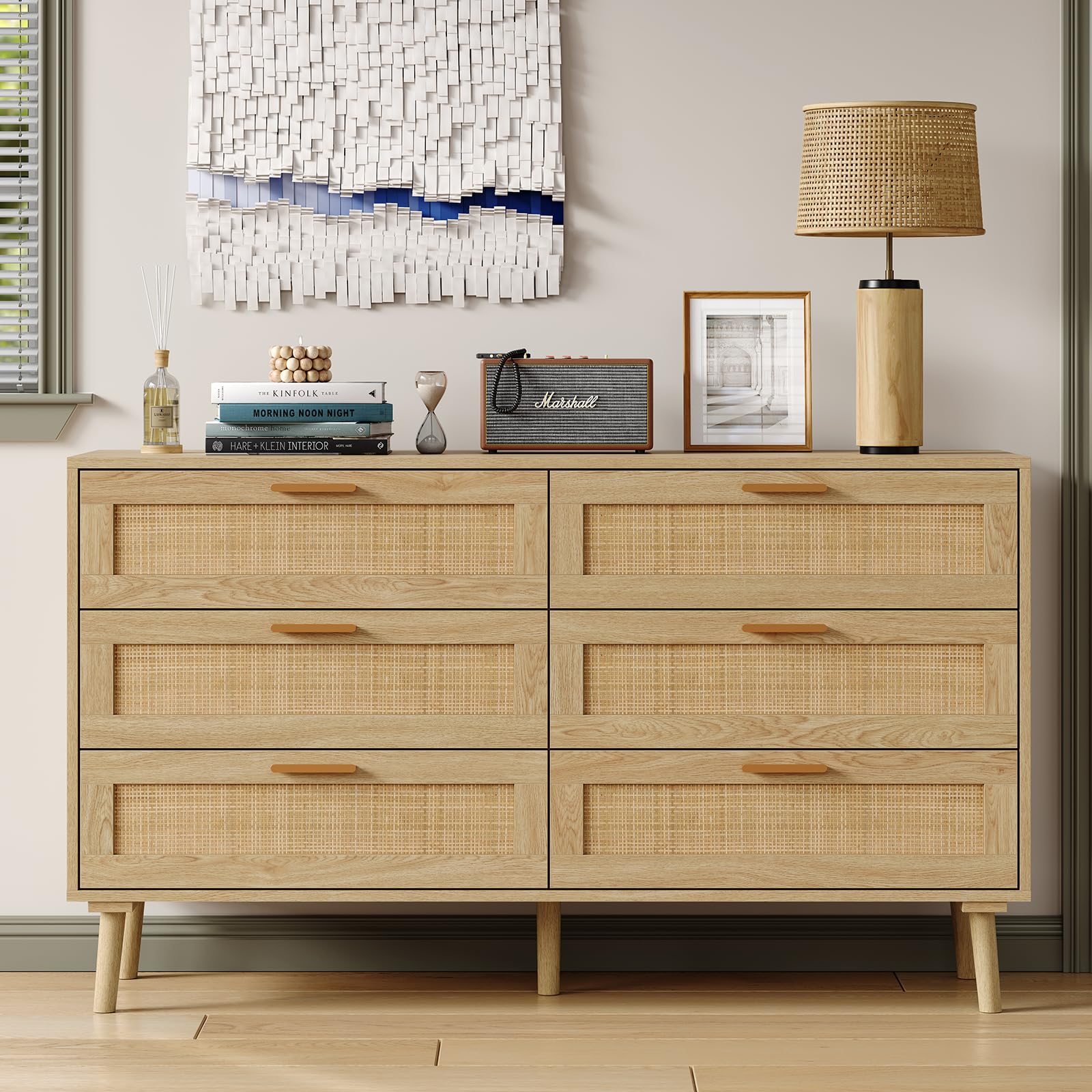 incomplete 47.3" w 6 drawer rattan dresser for bedroom, wood chest of drawers with gold handle, natural rattan dresser for living room