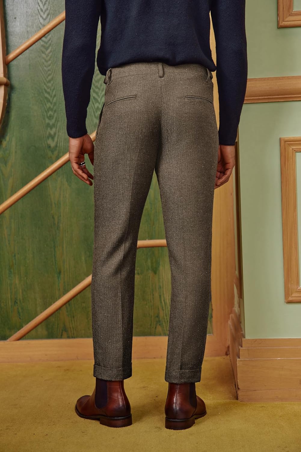PJ PAUL JONES Men Vintage Tweed Pants Herringbone Pleated Suit Trousers - Image 3