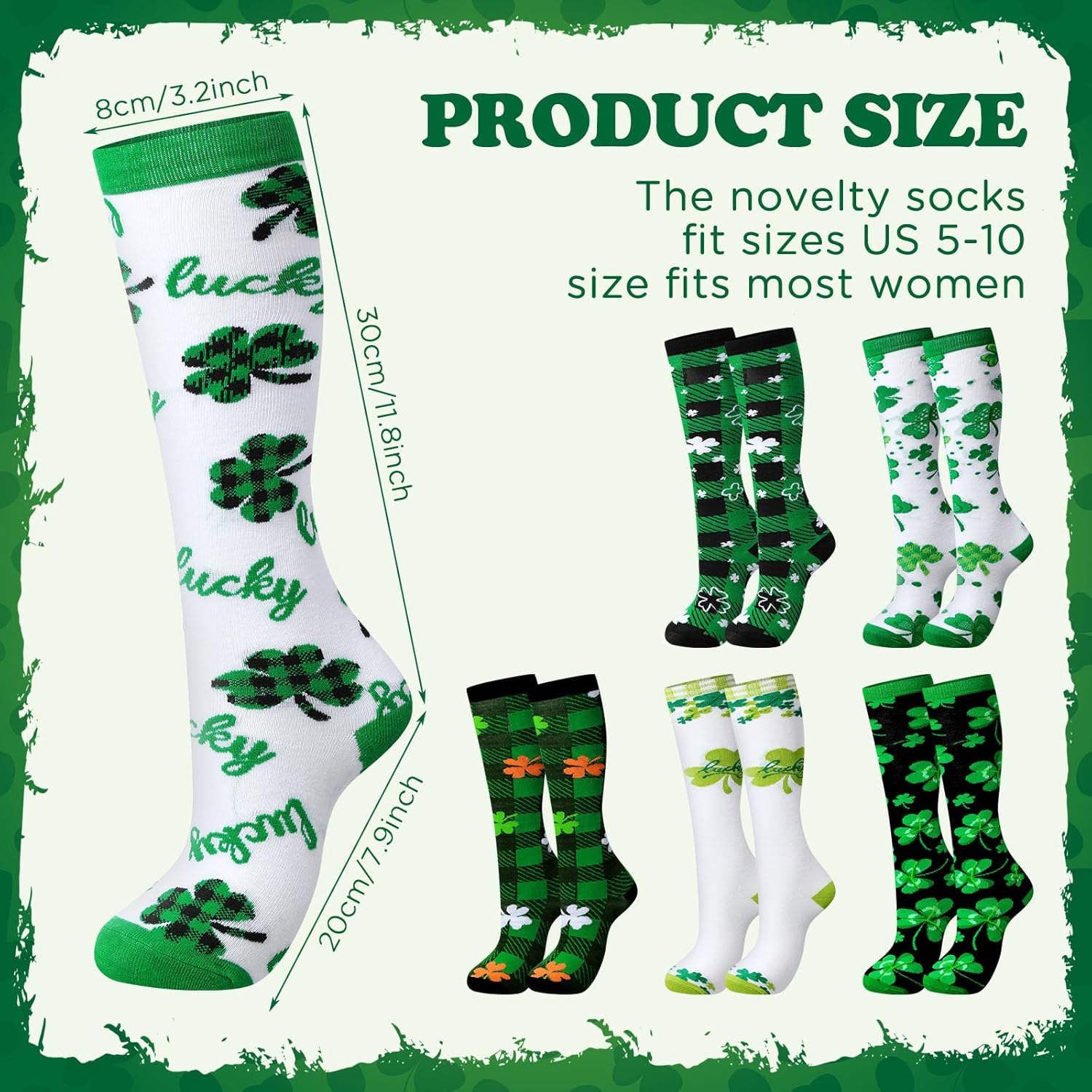 Liitrsh 6 Pair St. Patrick's Day Knee High Socks Bulk Green Shamrock Accessories Irish Party High Tube Socks for Women Girls - Image 2