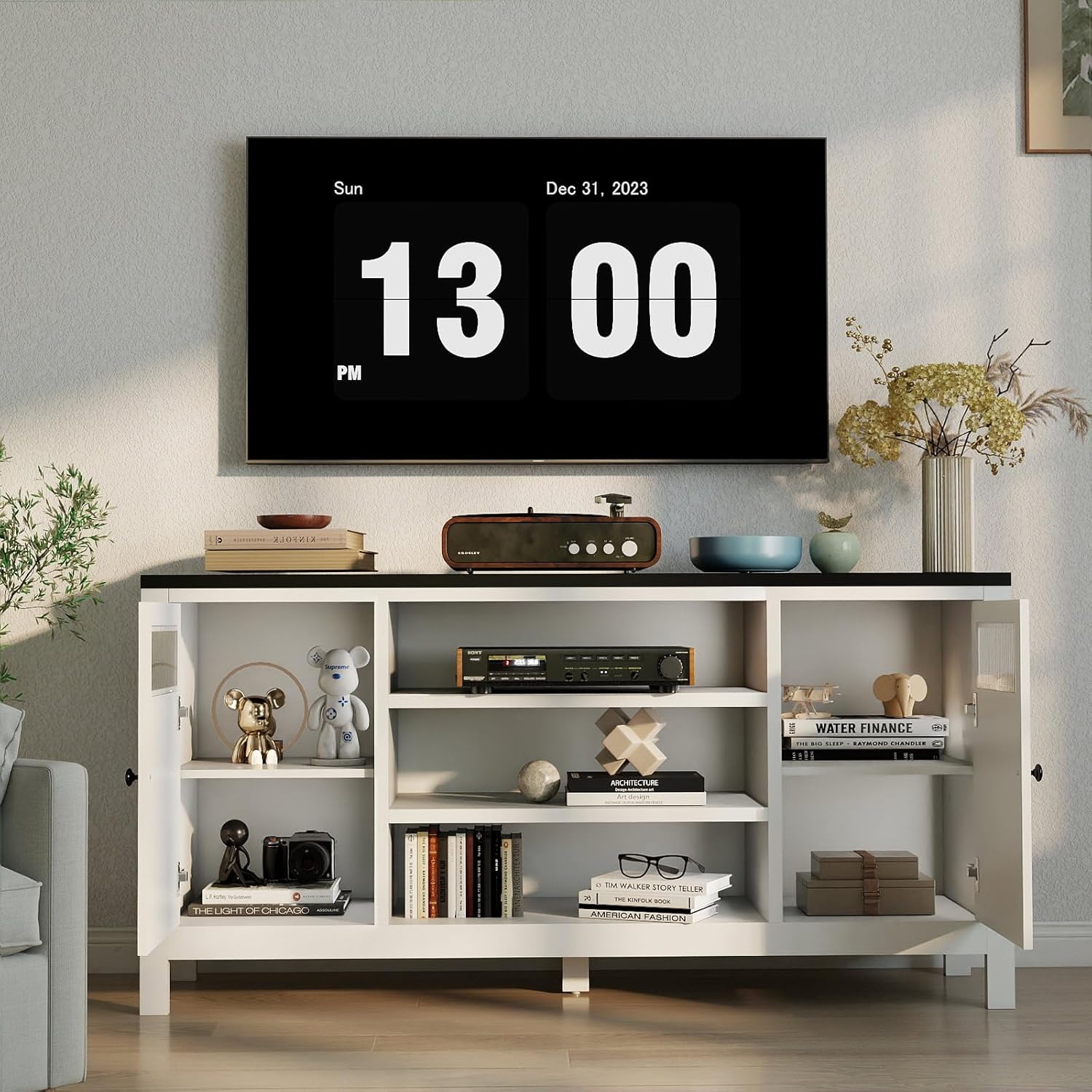Modern TV Stand with Storage: 63" White Entertainment Center for TVs Up to 70 Inch, Wood TV Consoles for Living Room, Large Media Console Cabinet with 2 Doors