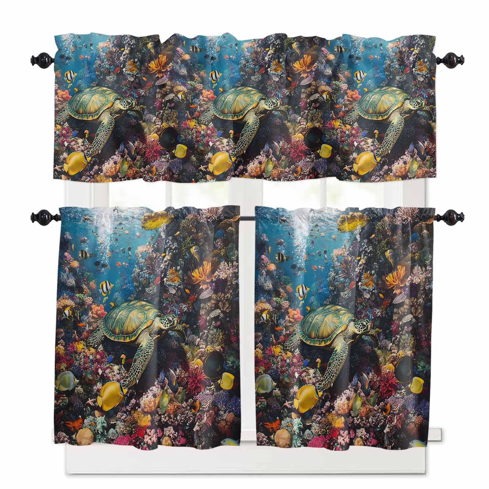 Summer Turtle Kitchen Curtains 36 Inch Length,3 Piece Rod Pocket Small Half Tiers and Valance Set,Beach Ocean Coral Colorful Tropical Fish Small Large Window Treatment Decor for Bedroom/Bathroom Sink