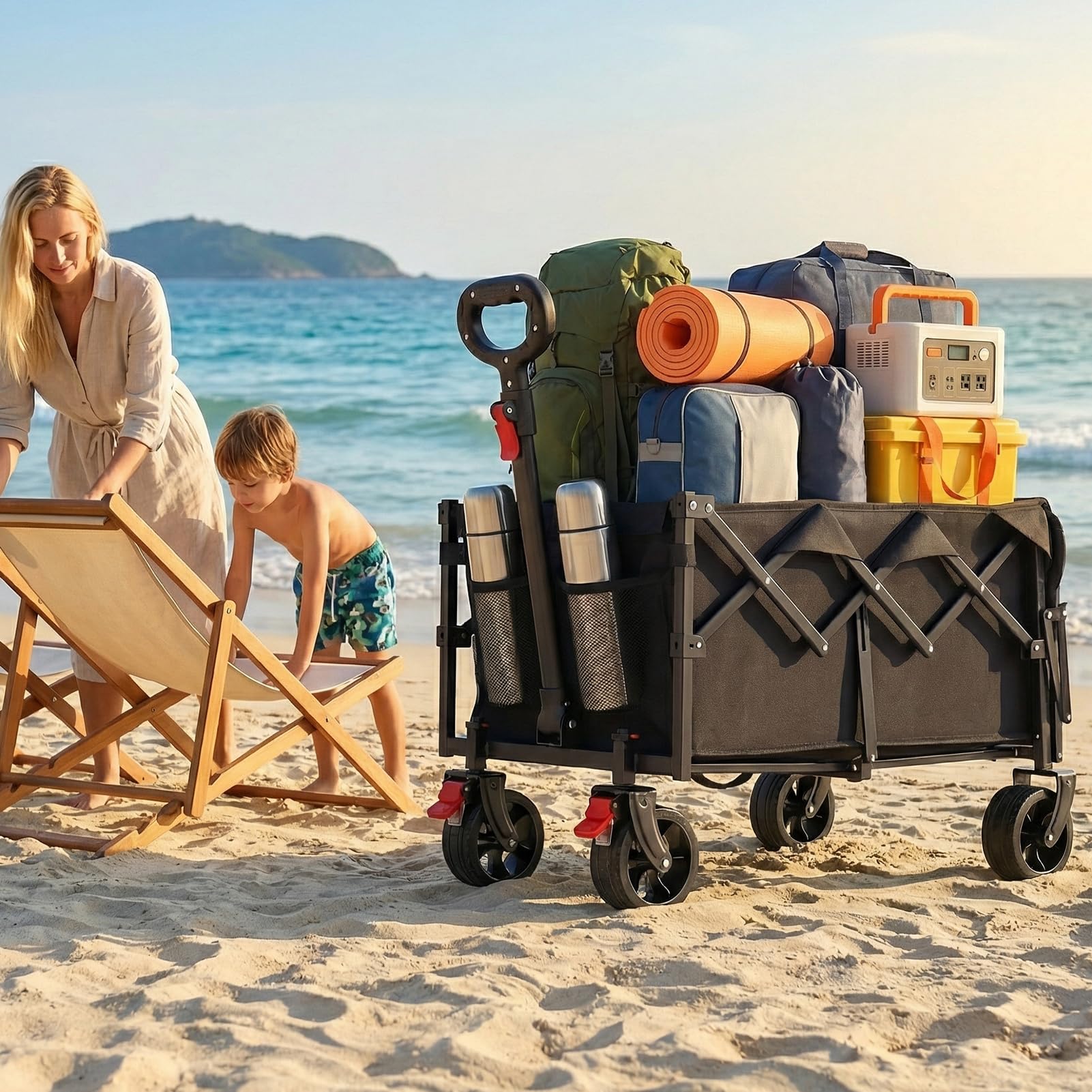 HAUSPROFI Carrello pieghevole da 100 l, portata 100 kg, adatto per fuoristrada, con freni, All-Terrain, tasca laterale e portabevande per esterni, campeggio, giardino e shopping