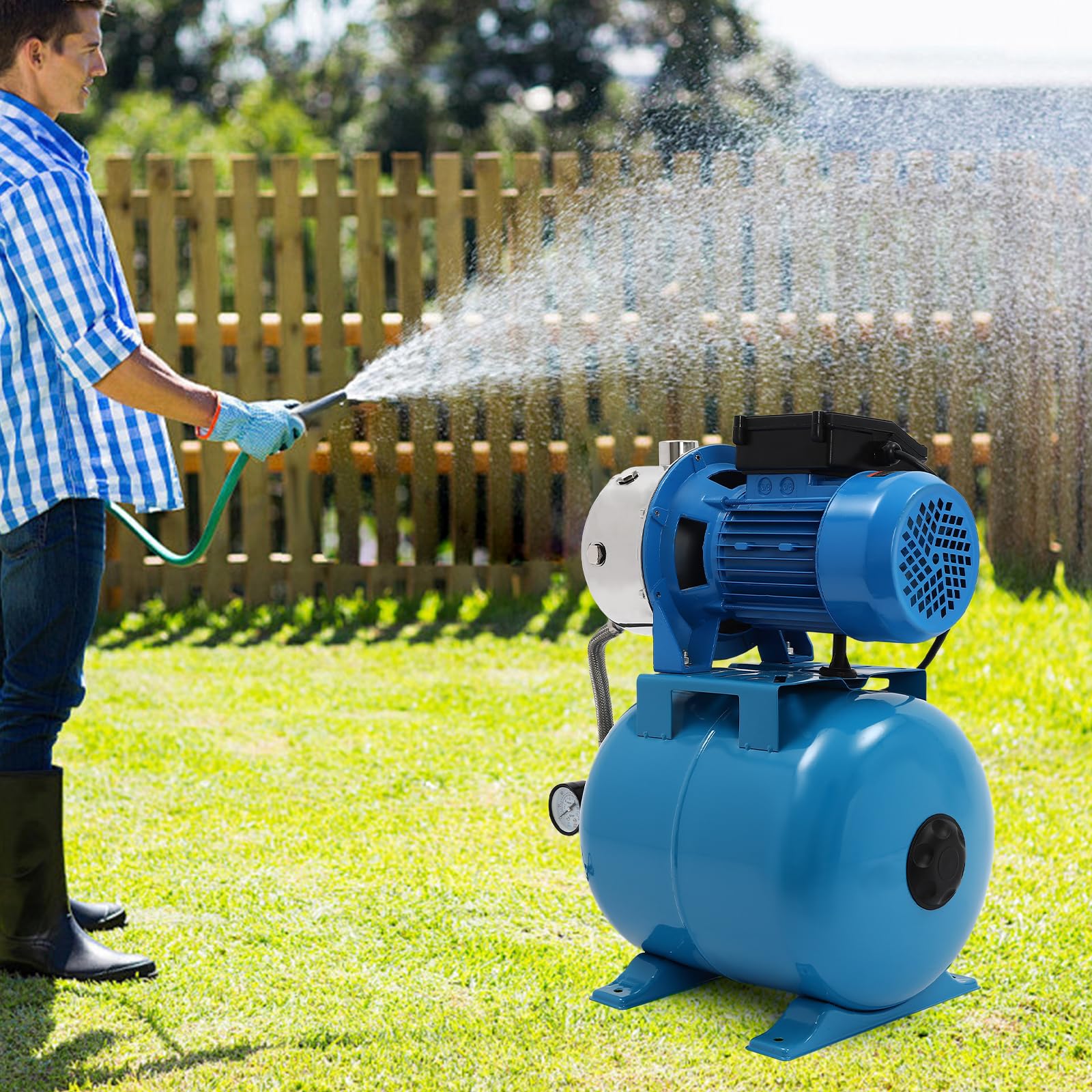 1.6HP Shallow Well Pump with Pressure Tank, Automatic Water Booster System Irrigation Jet Pump for Home, Garden, Lawn, Maximum Head 147.64FT, 110V (Blue)