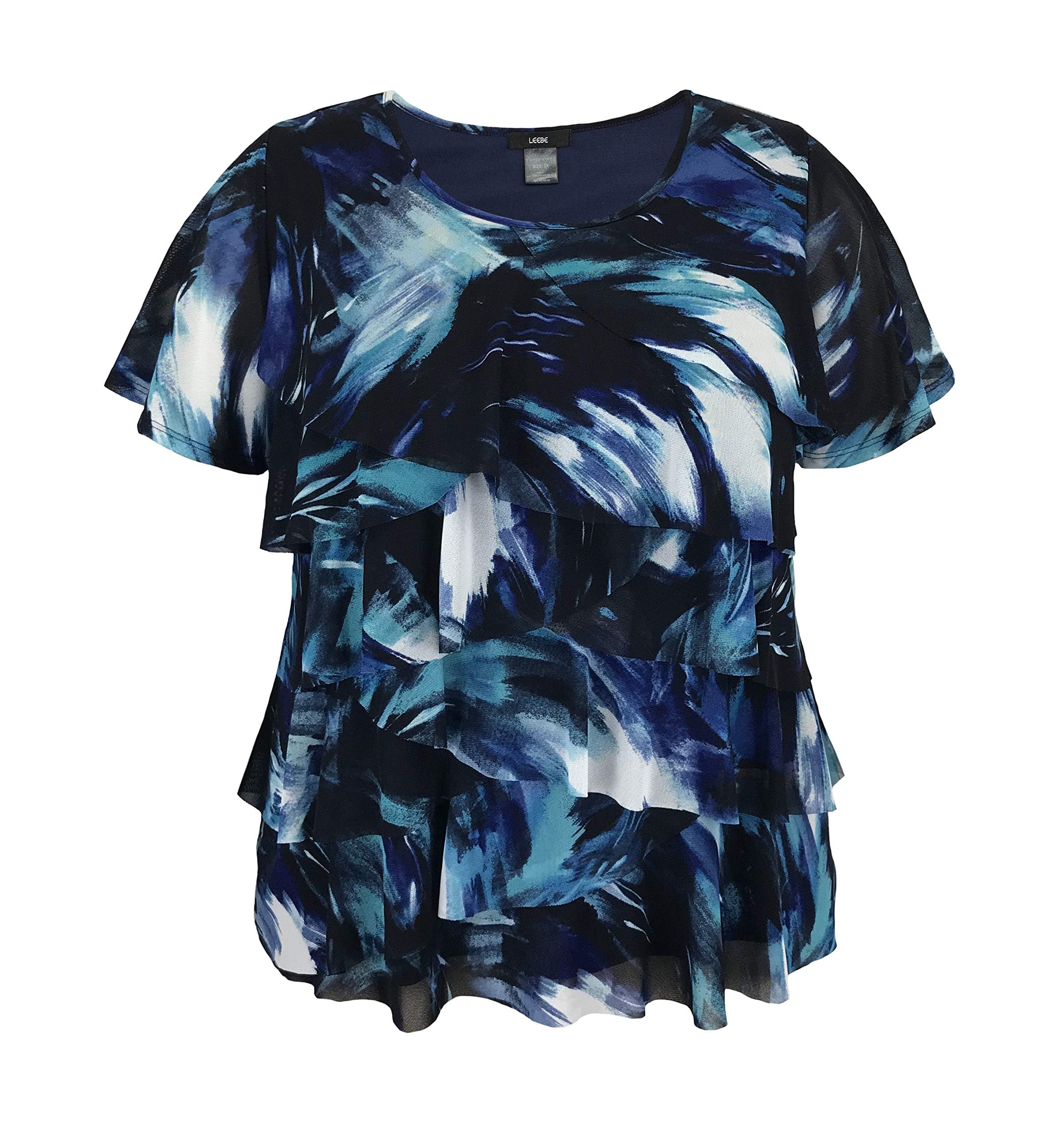 LEEBE Women and Plus Size Printed Mesh Ruffle Top (Small-5X)