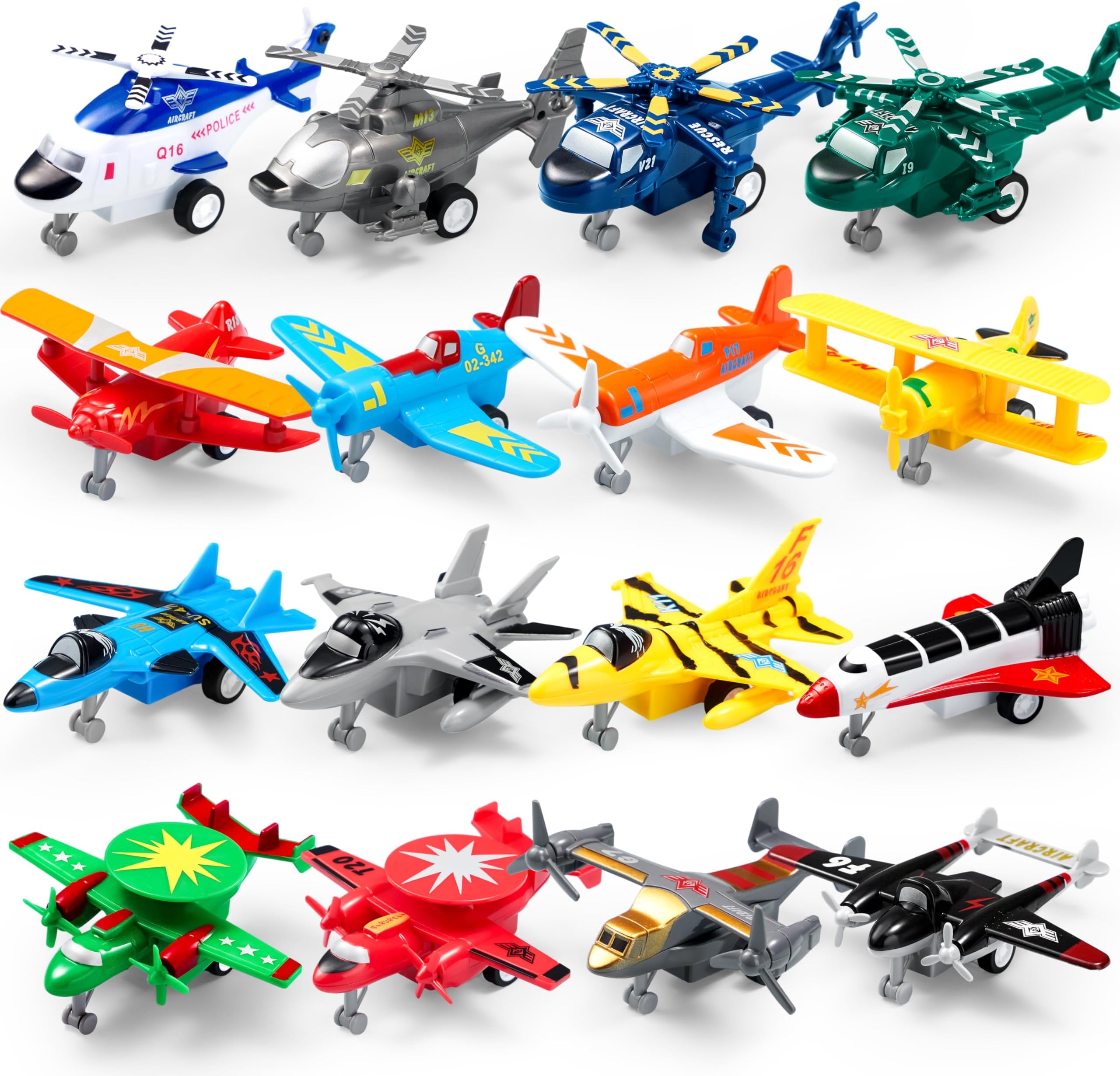 JOYIN 16 Pcs Pull Back Airplane Toys, Boys Plane Playset, Aircraft Incl Helicopter, Fighter, Bomber, Gifts for Toddler Kids 3+ Years Old, Treasure Box Toys for Classroom