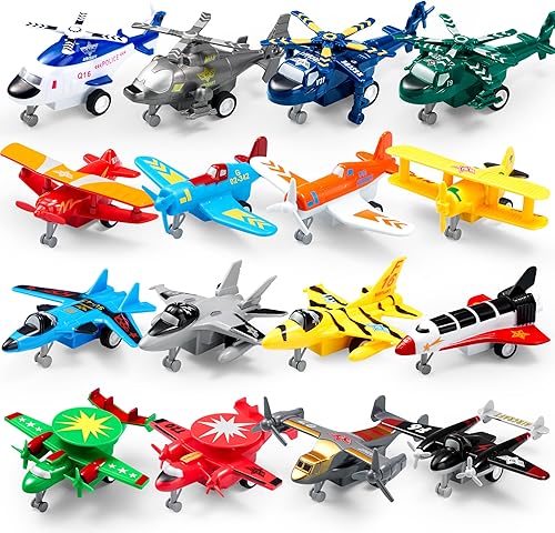 Miniatura 1 de JOYIN 16 Pcs Pull Back Airplane Toys, Boys Plane Playset, Aircraft Incl Helicopter, Fighter, Bomber, Gifts for Toddler Kids 3+ Years Old, Christmas