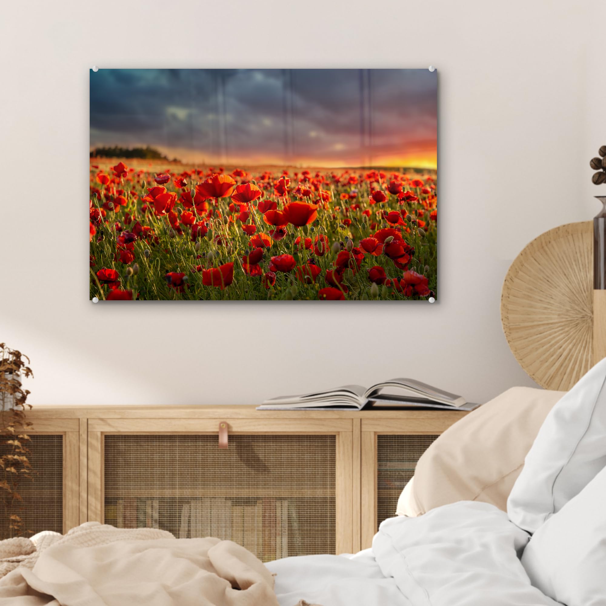 MuchoWow© Stampe In Vetro 60x40 cm Immagine Giorno Interni Notte Moderno Accessori Arredo Poster Murale Cornice Decorazione Pareti Tramonto - Papaveri - Rosso - Fiori - Campo - Natura