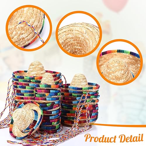 Miniatura 7 de Paquete de 36 mini sombreros, 95.94 pulgadas, pequeños sombreros de paja de México, sombreros de fiesta del Cinco de Mayo para niños, perros,