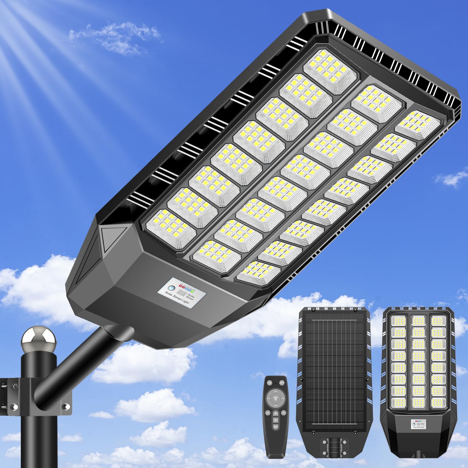 Lampione solare da 2000 W con telecomando, faretto solare per esterni con sensore di movimento e IP66, 6500 K, luce solare a LED per cortile, terrazzo, giardino