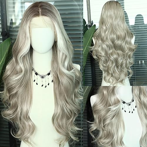 Miniatura 2 de SAPPHIREWIGS Peluca larga ondulada para mujer, pelucas sintéticas con encaje frontal, peluca de encaje de cabello gris, peluca de encaje de 13 x 4,