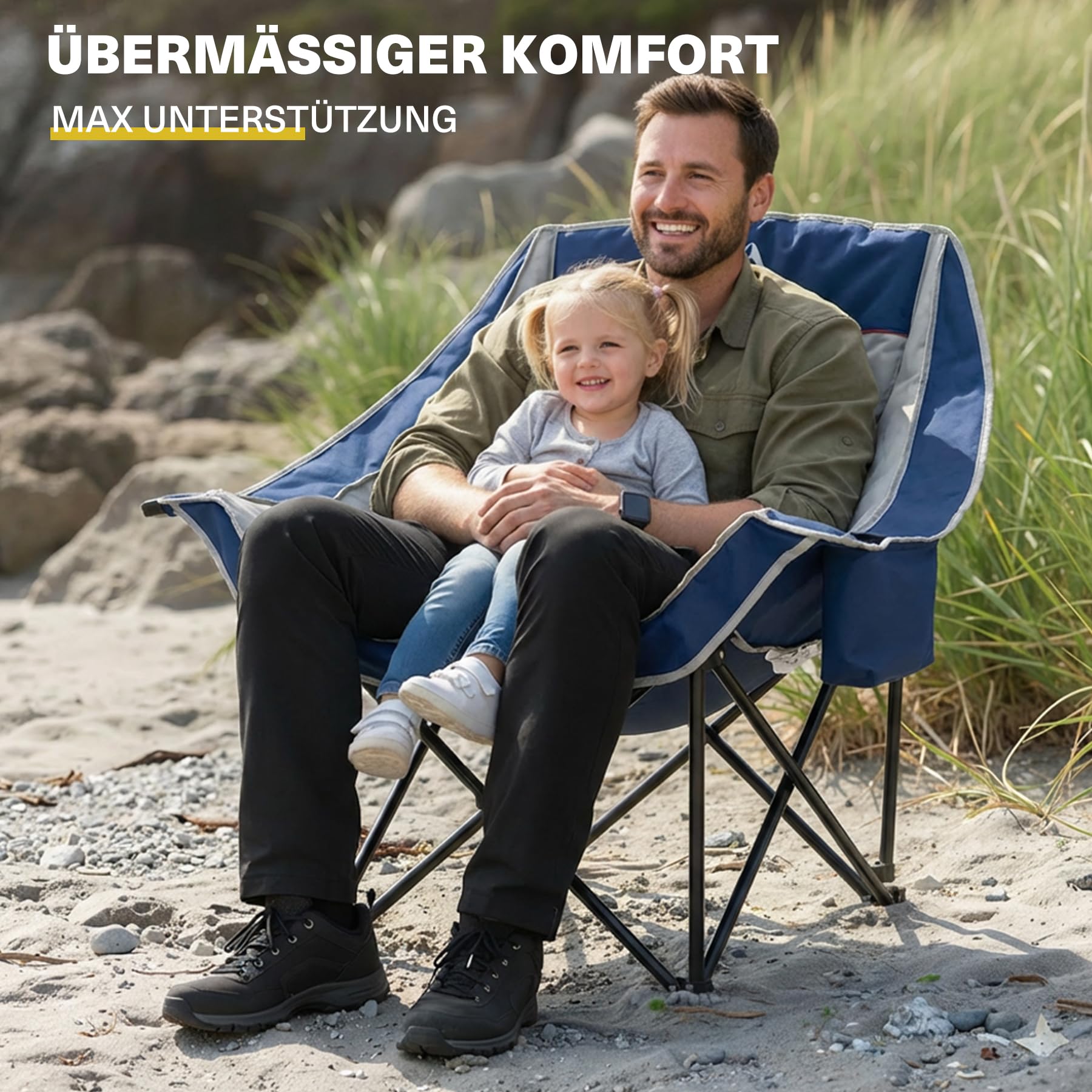 Campingstuhl bis 200KG Gepolstert Armlehnen XL Outdoorstuhl Klappstuhl Campingsofa mit Getränkehalter Kühltasche Hoher Rückenlehne