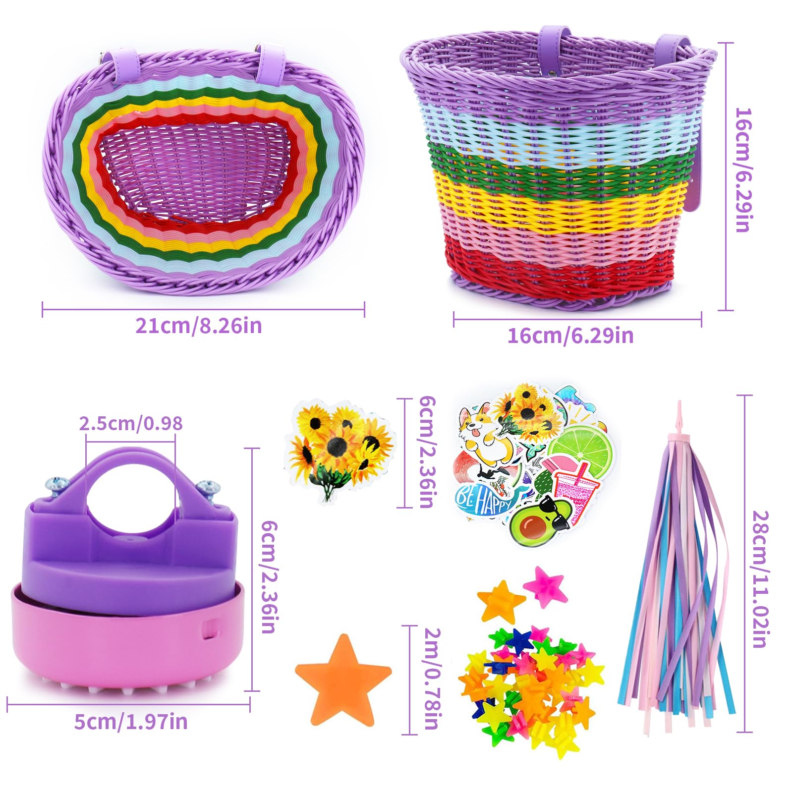 Panier de vélo pour enfant - Panier de vélo avant pour enfants - Avec sangles en polyuréthane, autocollants, glands de vélo et sonnette de vélo - Accessoires de vélo pour enfants - Couleur arc-en-ciel