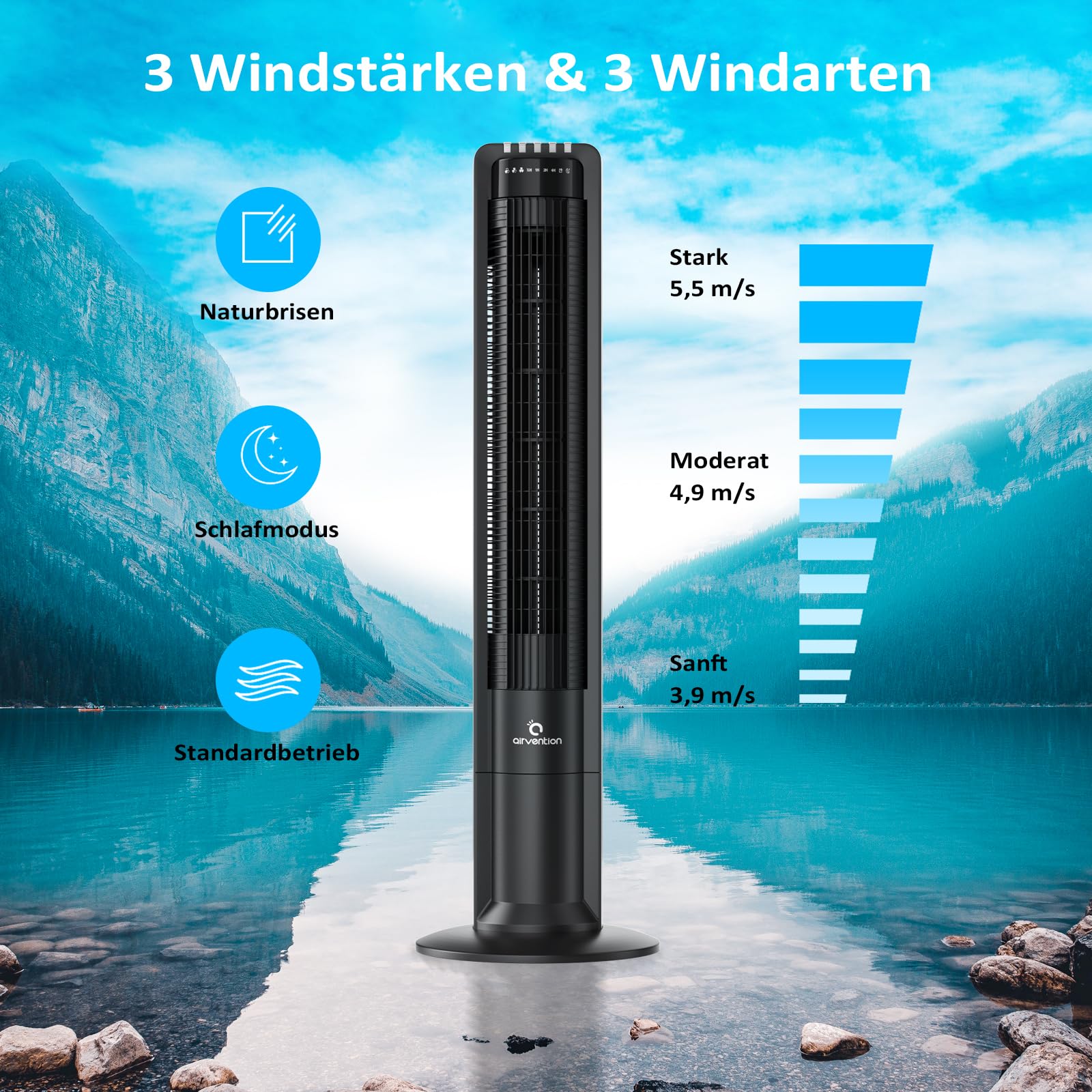 Turmventilator mit Fernbedienung, 109cm, leise, 115° oszillierender Säulenventilator, Standventilator schwarz, Timer, 0,04 kWh stromsparend, 3 Geschwindigkeiten, X01A, Tower Fan