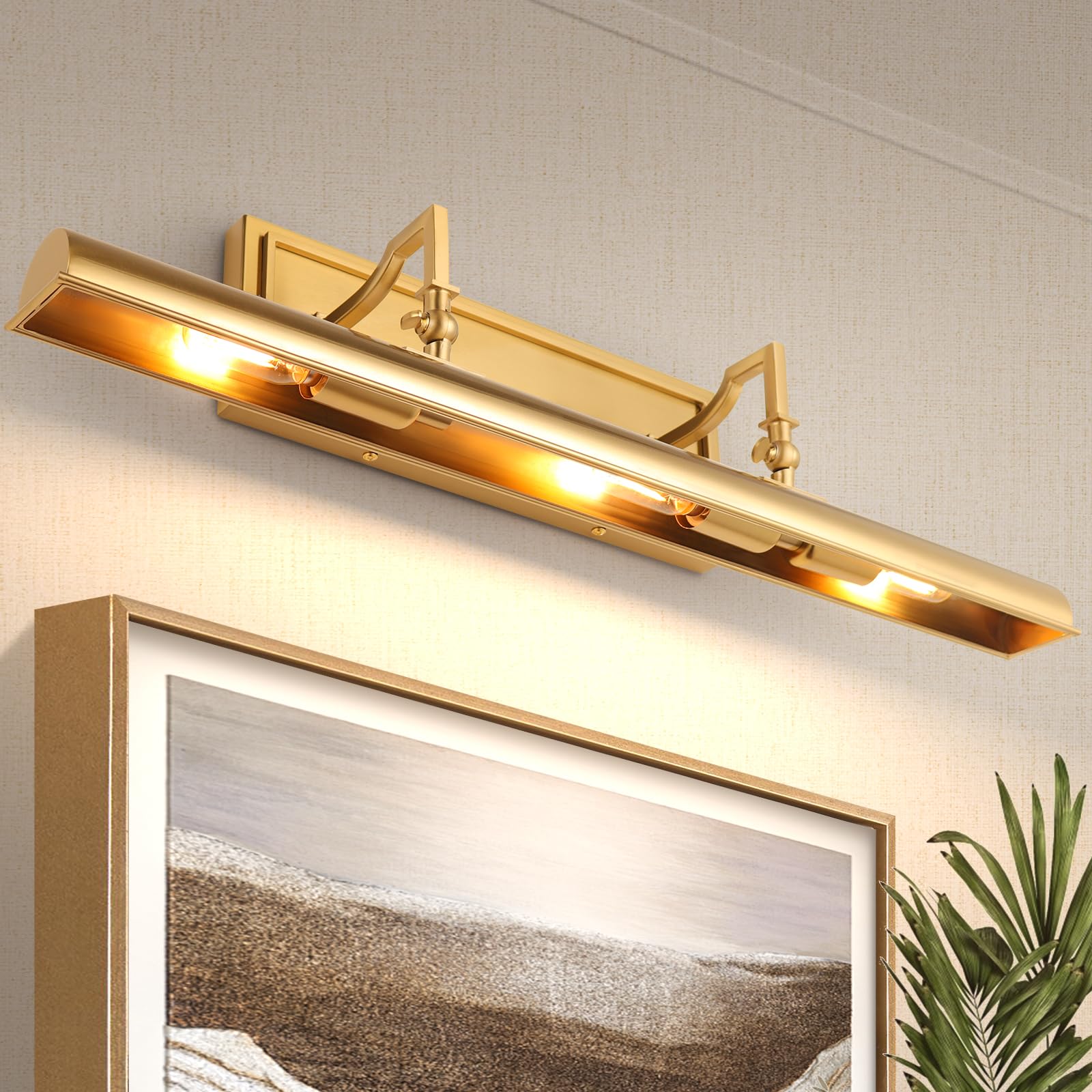BELS Picture Light for Wall, 24 Inch Gold Wall Light Hardwire, Warm Light 2700K, 270° Rotatable, E26 Base, 3-Light Picture Frame Lights for Painting, Living Room, Bedroom(Exclude Bulb)