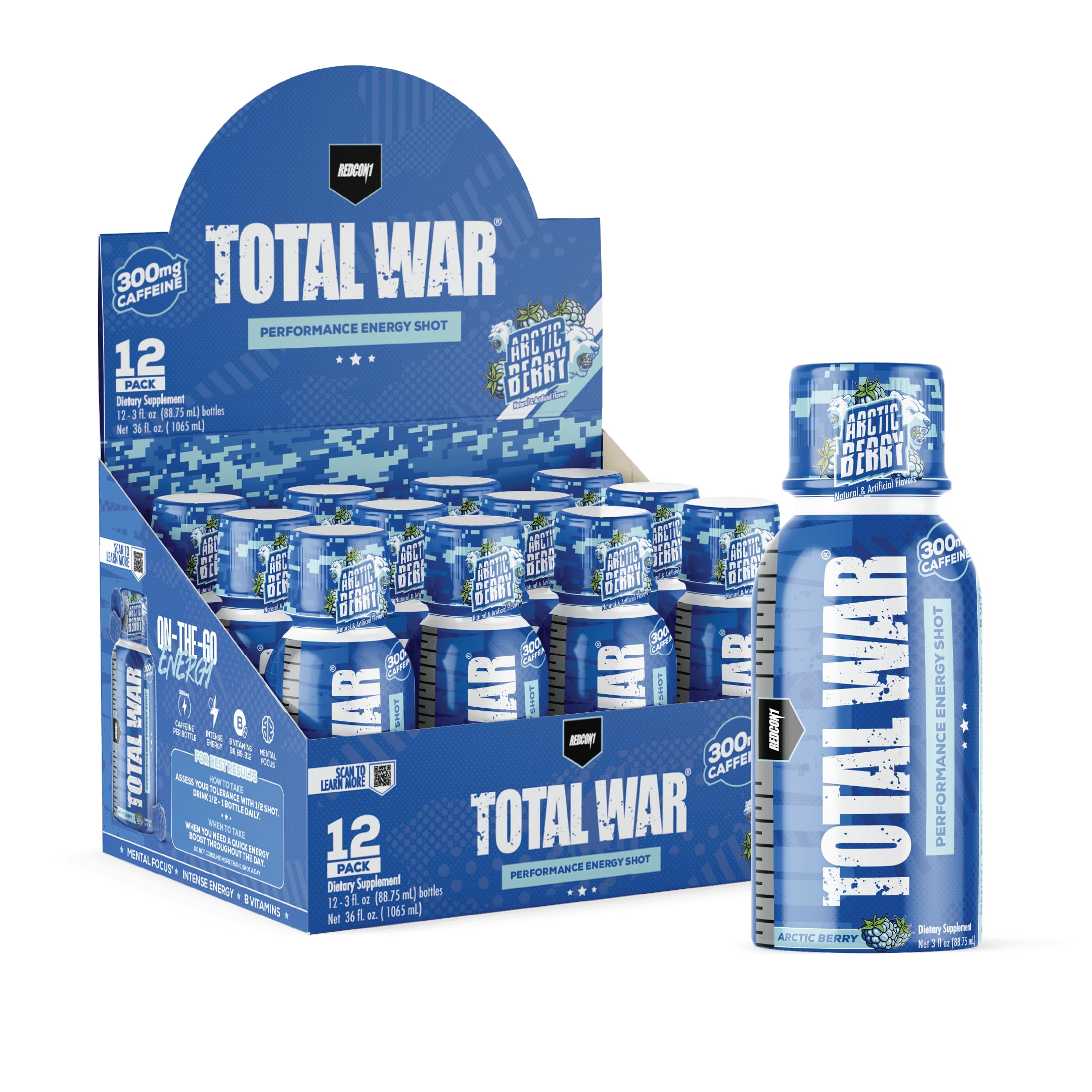 REDCON1 Total War Pre Workout Energy Shots - 300mg Caffeine Shots with B Vitamins & 0 Sugar - Long-Lasting Energy Shot for Focus Support - Fuel Your Workout or Workday - Arctic Berry (12 Count)