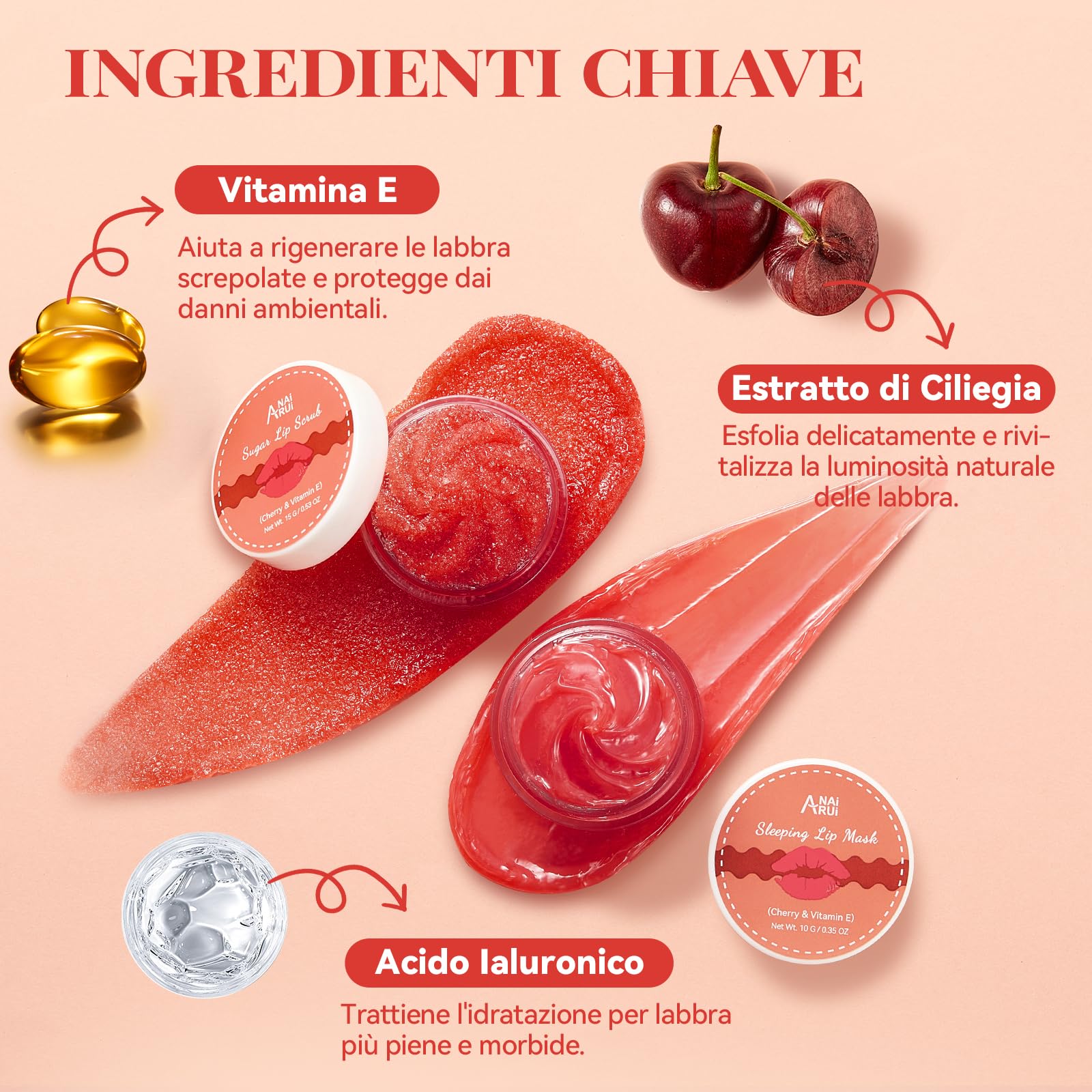 ANAiRUi Set di maschera per labbra e peeling per labbra Cherry