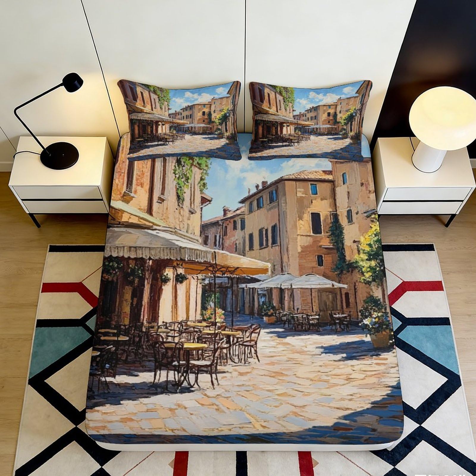 3D Printed European Old Town Fitted Sheet Microfiber Soft Anti-Slip Vintage Street Mattress Cover Bedroom Decor 90x200x25cm