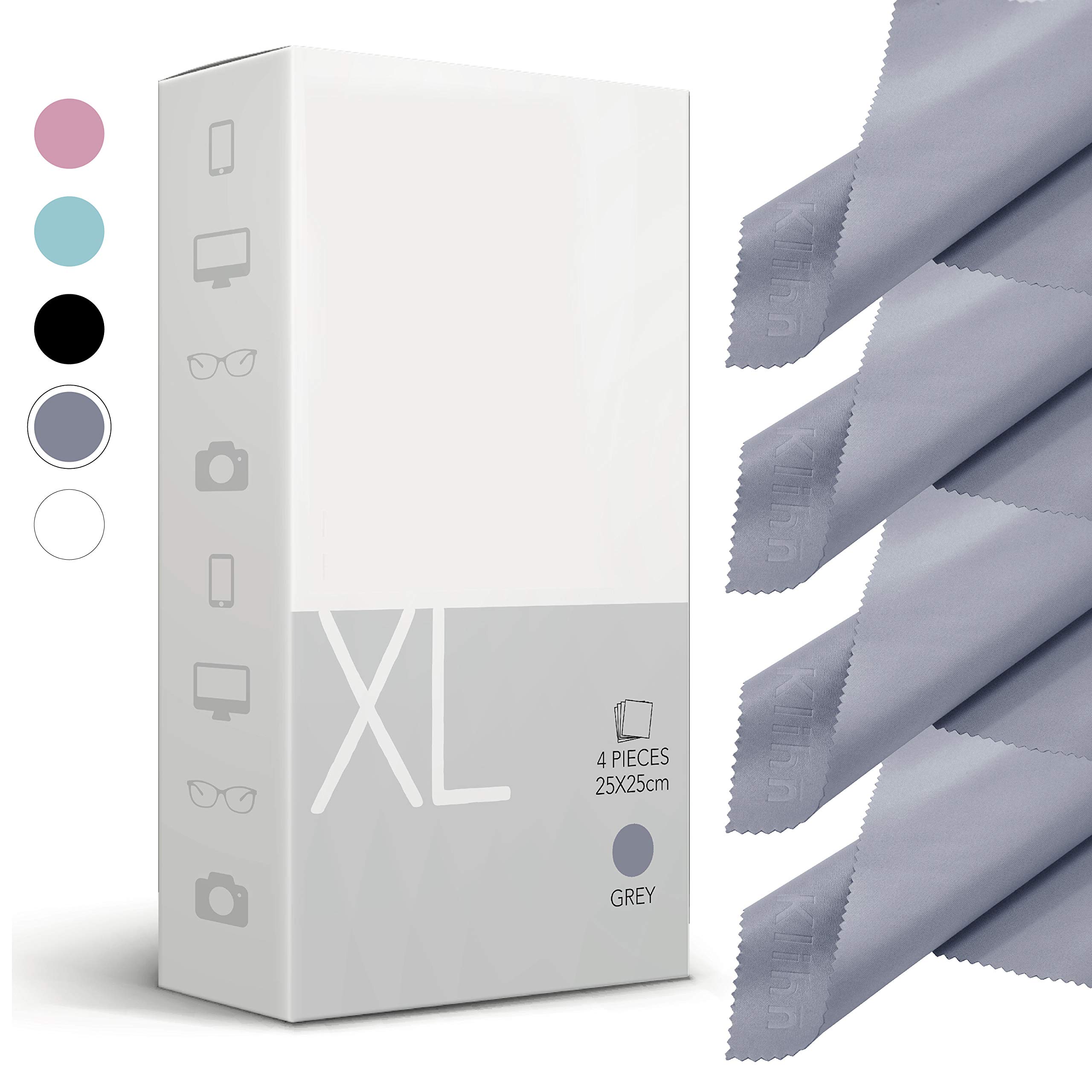 Klihn® - Paños de Microfibra XL (Paquete de 4 / 25cm x 25cm). Limpia Gafas de Calidad Professional, también para Limpiar Pantallas y Lentes (Gamuzas Grandes de Microfibra Fina, Lavables)