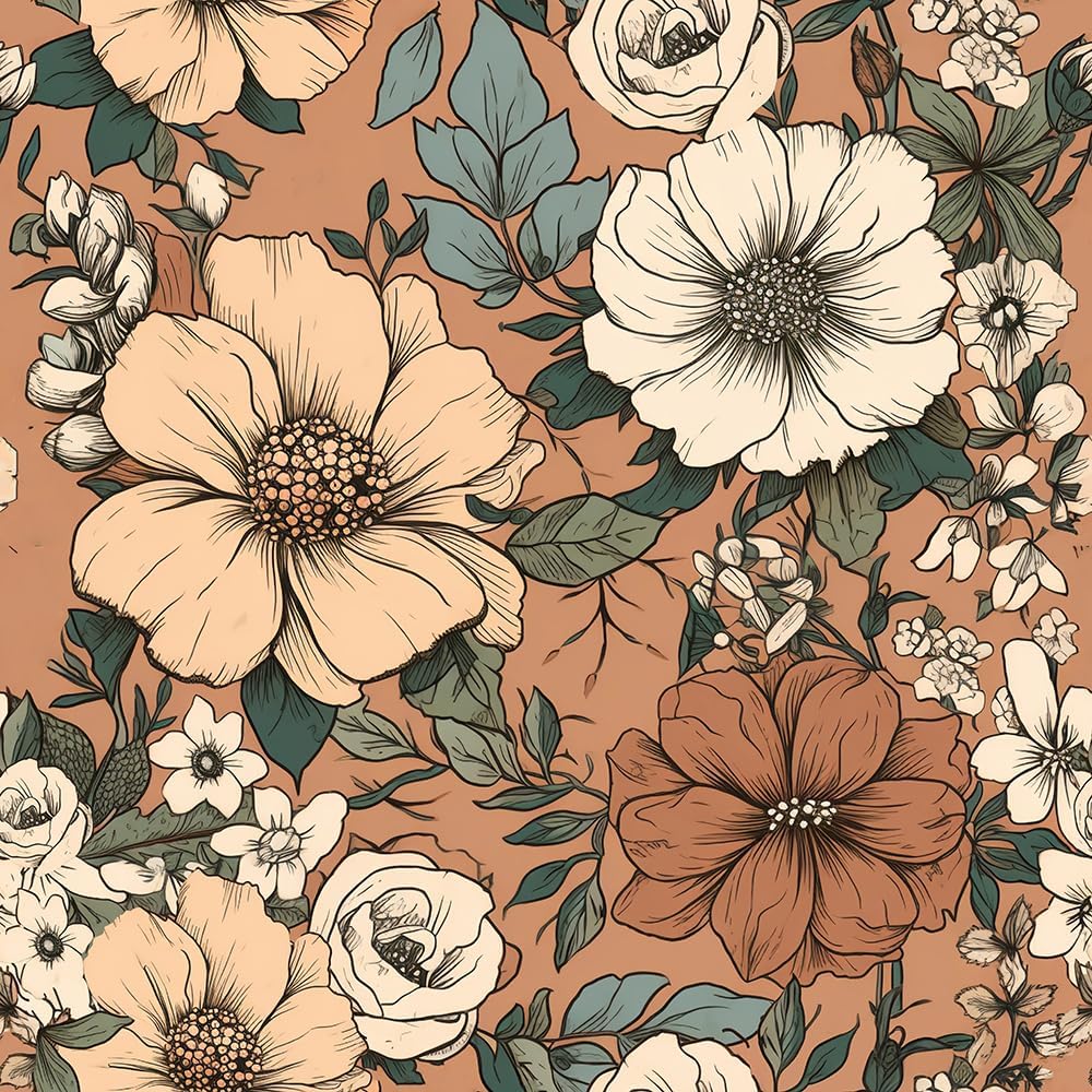 Boho Brown Orange Flower Abstract Peel and Stick Wallpaper Easy Peel Off Contact Paper Stick on Adhesive Wall Paper for Bathroom Waterproof Renter Friendly