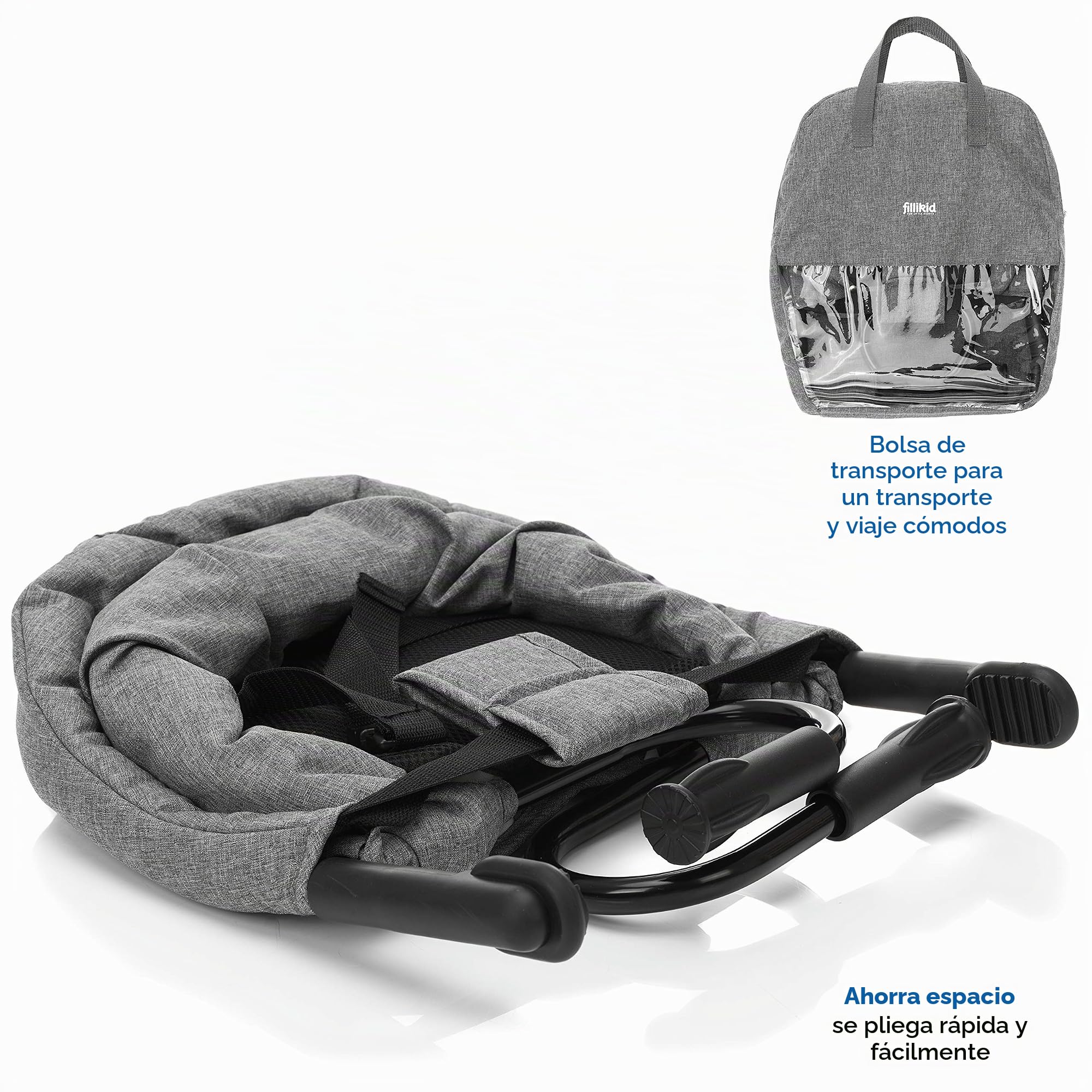 Fillikid Trona Portatil Bebe Plegable, Silla Ajustable a la Mesa con Enganches Antideslizantes, Asiento de Mesa hasta 15 kg, Bolsa de Transporte - Gris