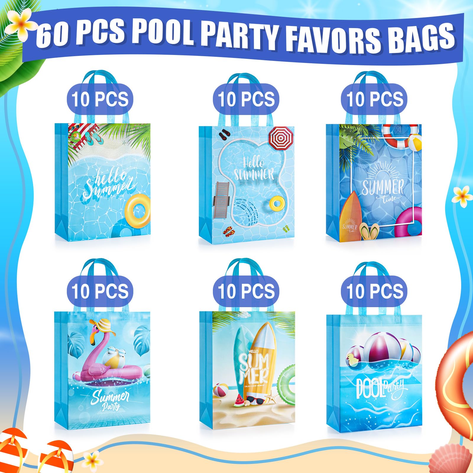 Sweetude 60 Pcs Pool Party Favors Bags Summer Gift Beach Goodie Reusable Summer Beach Pool Theme Non Woven Treat Bags with Handles for Hawaii Party, 12.6 x 9.84 Inch