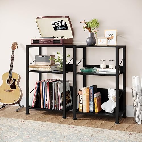 Miniatura 6 de Hosfais Soporte para tocadiscos de 3 niveles, discos de vinilo retro para almacenamiento de discos de vinilo para sala de estar y dormitorio (negro)