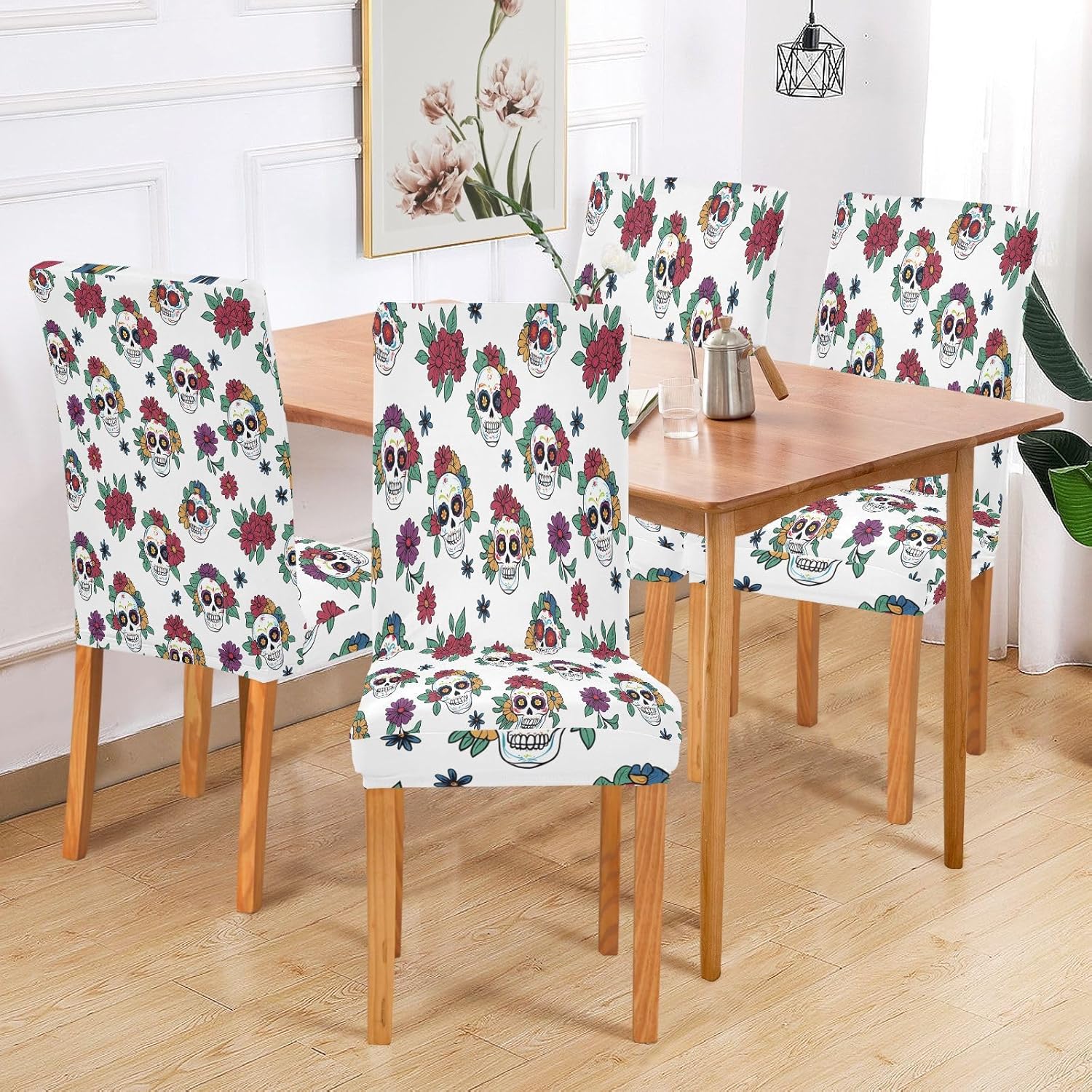 ALAZA Chair Covers for Dining Room, Skull Flower Pattern Stretch Chair Cover Sets Chair Protector Removable Washable for Ktichen Restaurant Hotel