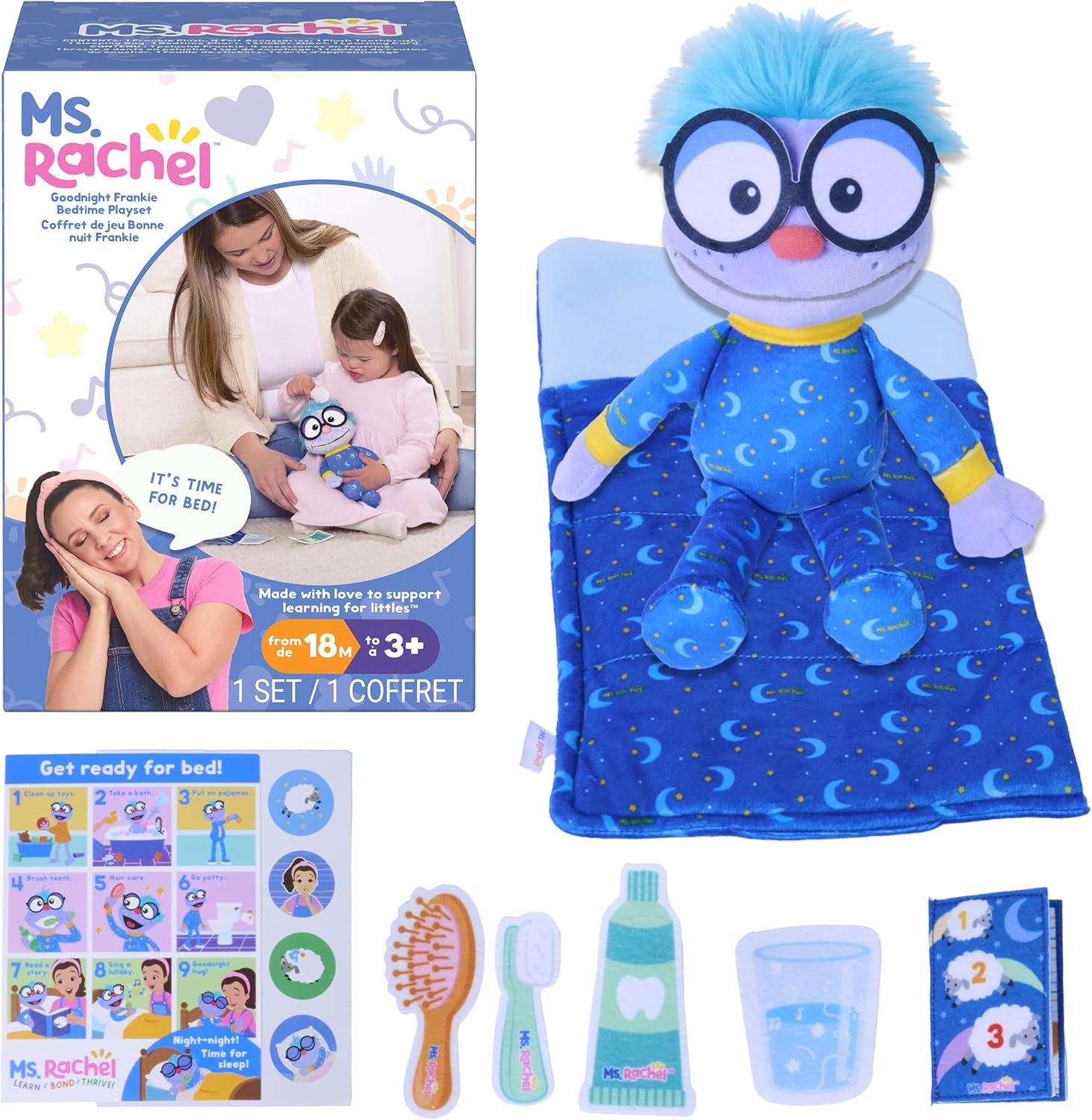 Ms. Rachel Goodnight Frankie Bedtime Playset, 11” Plush with Sleeping Bag & Accessories, Toddler Toys for Girls & Boys for Ages 18 Months to 3+