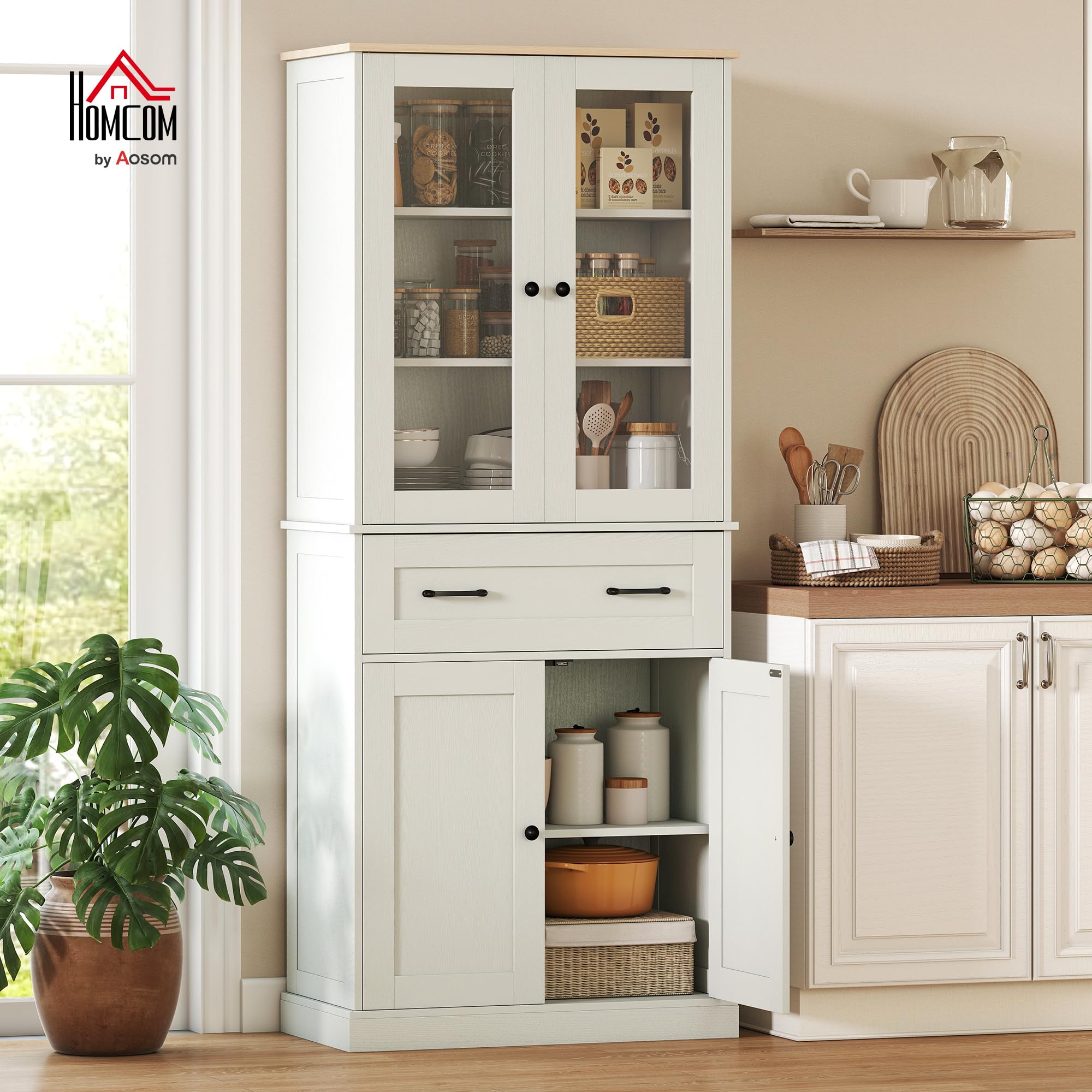 HOMCOM Alacena de Cocina, Mueble Auxiliar de Cocina con 2 Puertas de Acrílico, Cajón Grande, Estantes Ajustables, para Comedor, 76x40x182,5 cm, Crema