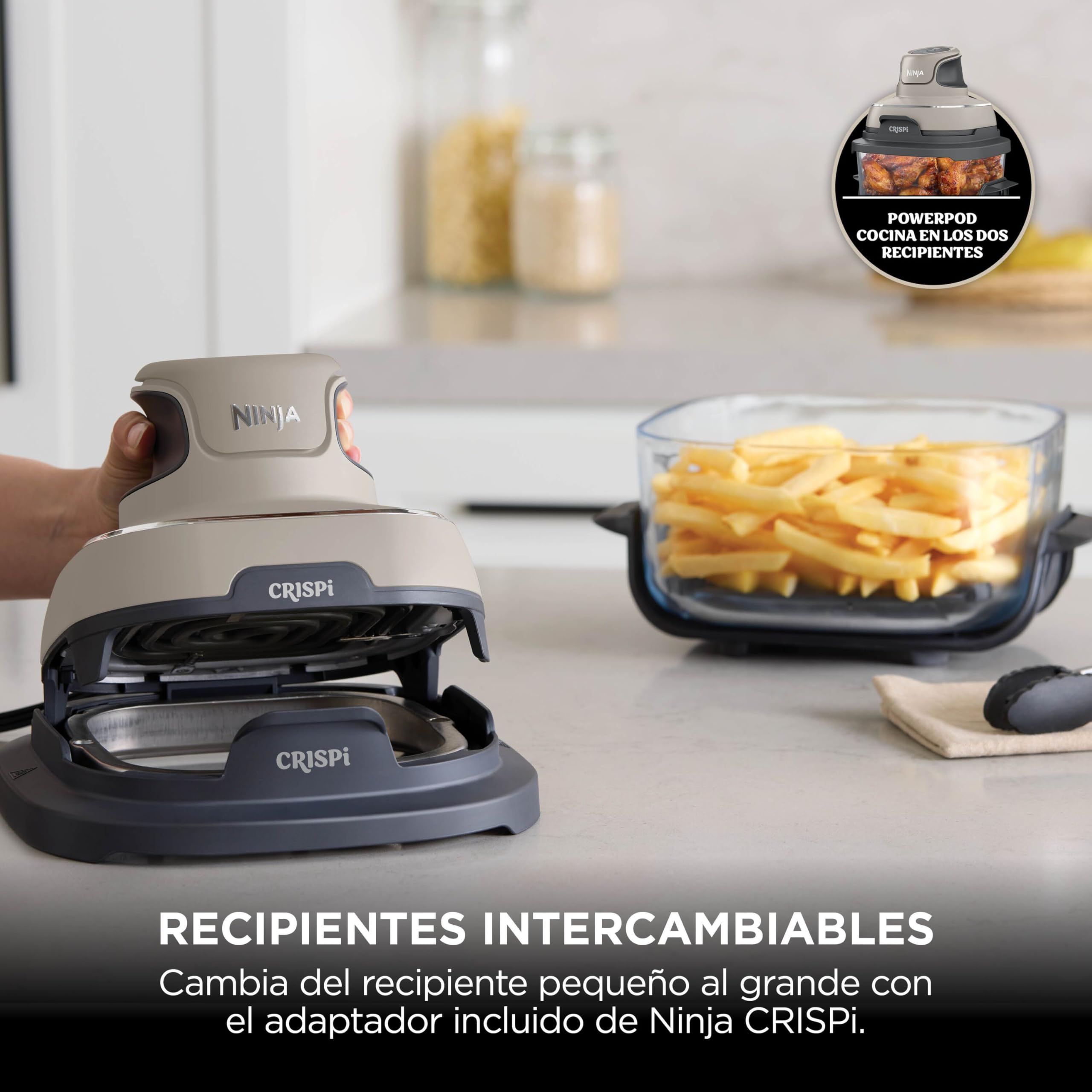 Ninja CRISPi Freidora de Aire portátil, 3,8 l, 4 en 1, freír con Aire, Asar, Mantener Caliente y gratinar, compacta, Incluye 2 recipientes de Vidrio extraíbles y Tapas, 1700 W, Piedra, FN101EUST