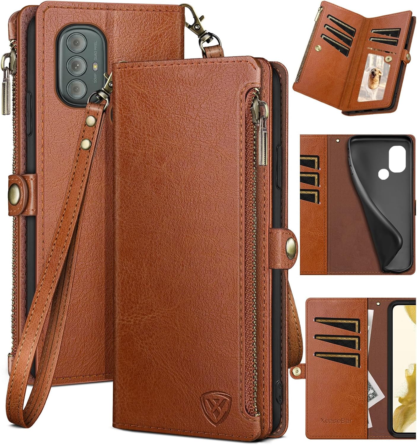 XcaseBar for Moto G Power 2022 5G Wallet case with Zipper Credit Card Holder【RFID Blocking】, Flip Folio Book PU Leather Phone case Shockproof Cover Women Men for Power2022 case Light Brown