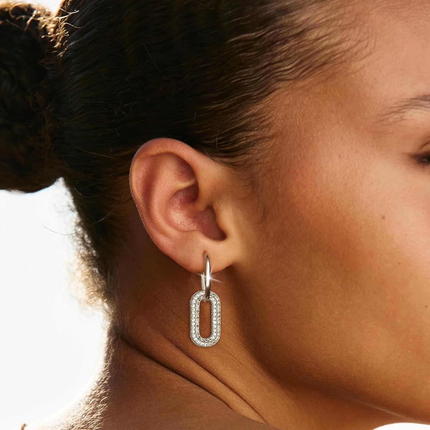 Paperclip Chain Link Earrings for Women Trendy Cubic Zirconia Dainty Huggie Double Hoop Earrings Jewelry image 3