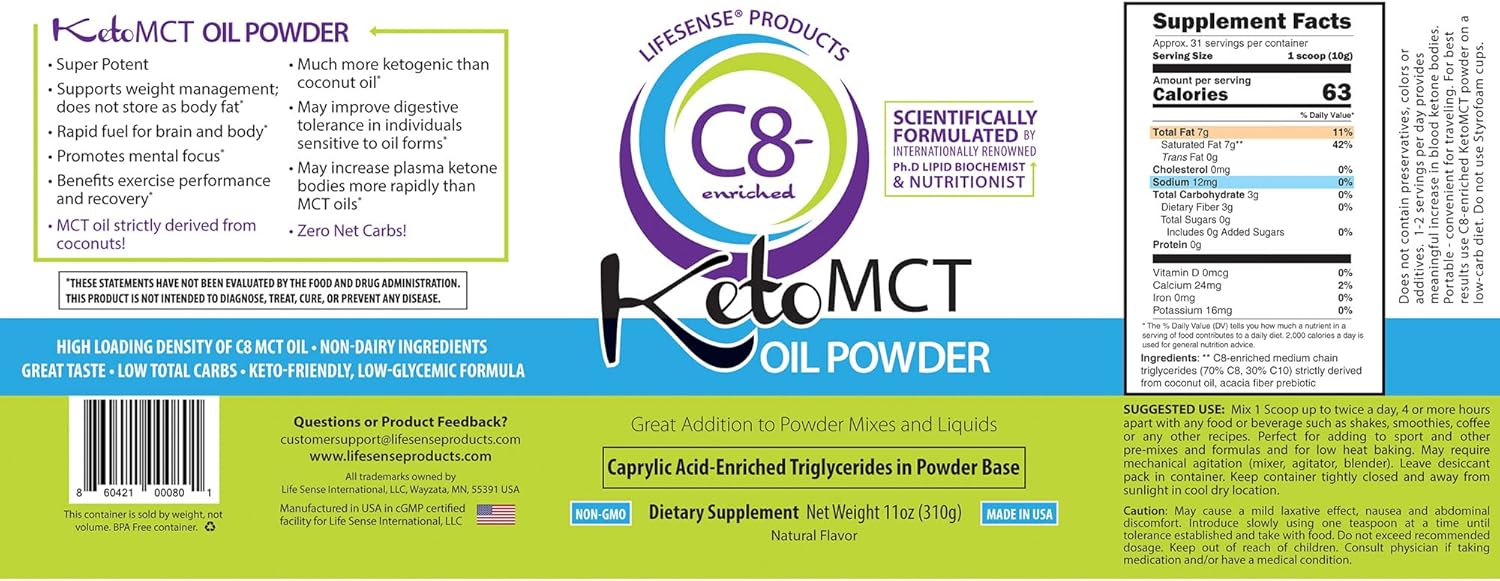 LifeSense C8 enriched MCT Oil Powder Unflavored Sourced from Coconut Oil, Keto-Friendly, Developed by PhD Nutrition in USA, Optimal Fuel for The Brain and Body