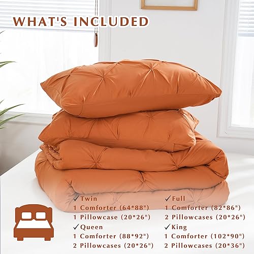Miniatura 6 de DOWNCOOL Juego de edredón tamaño Queen, color naranja quemado, juego de cama plisado de 3 piezas, edredón suave y esponjoso tamaño Queen para todas