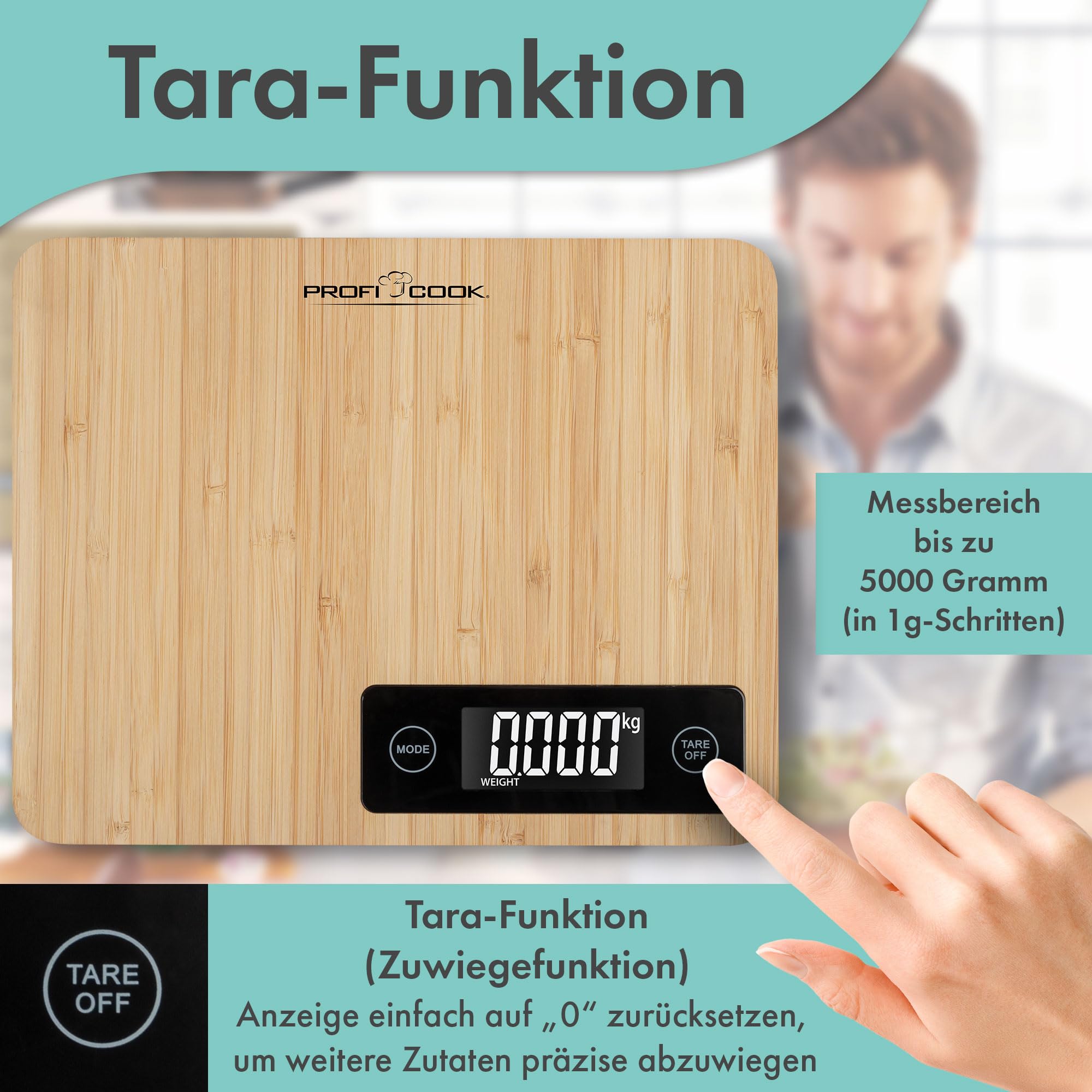 ProfiCook® 1271 Keukenweegschaal van 100% bamboe, digitale keukenweegschaal, meetbereik tot 5000 g, digitale keukenweegschaal met te bestellen maateenheden, lcd-display, tarra-functie, PC-KW 1271