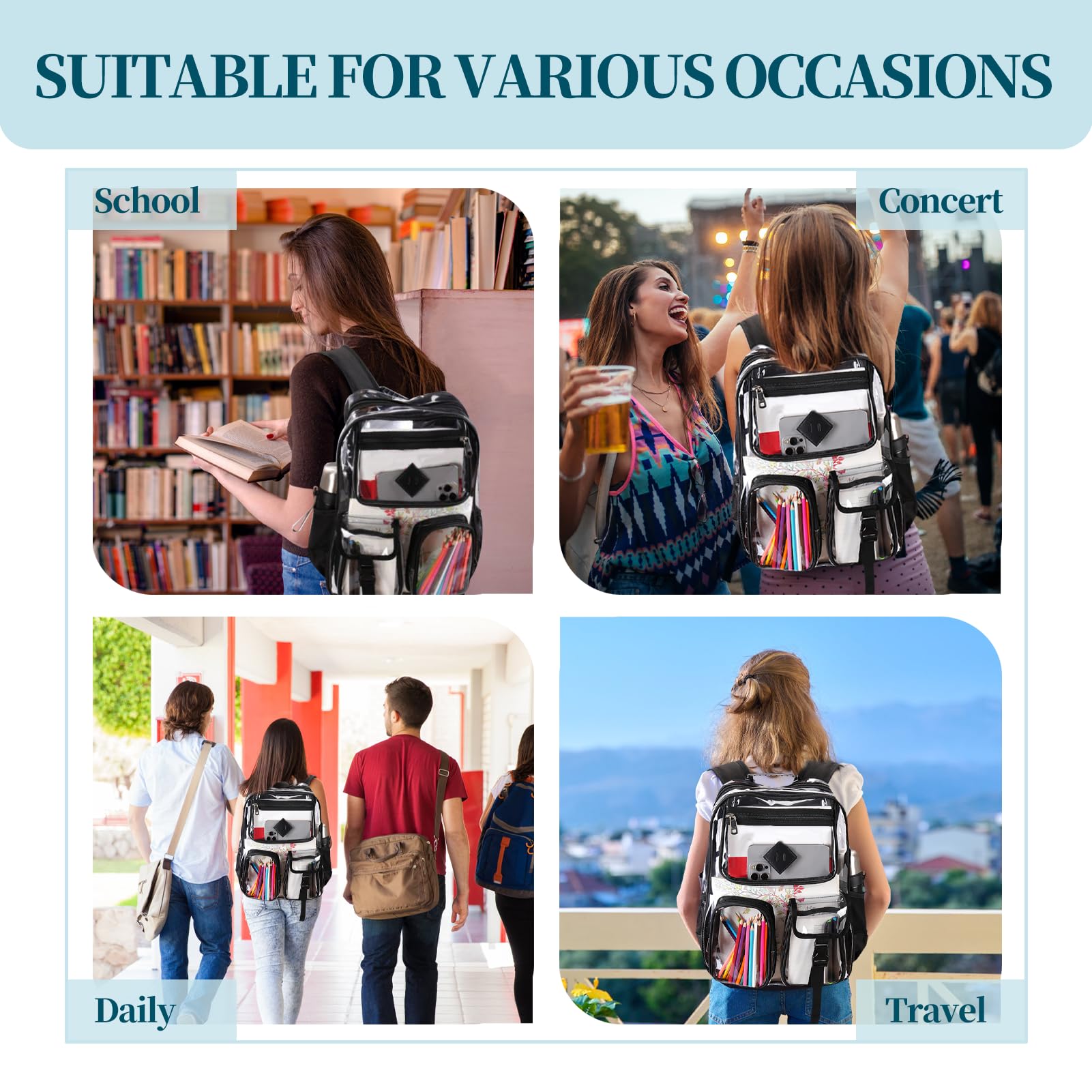 Grande zaino trasparente resistente – multi-tasche trasparente Bookbag Stadium approvato con cinghie rinforzate impermeabile zaino trasparente per adulti, lavoro, concerti, viaggi,