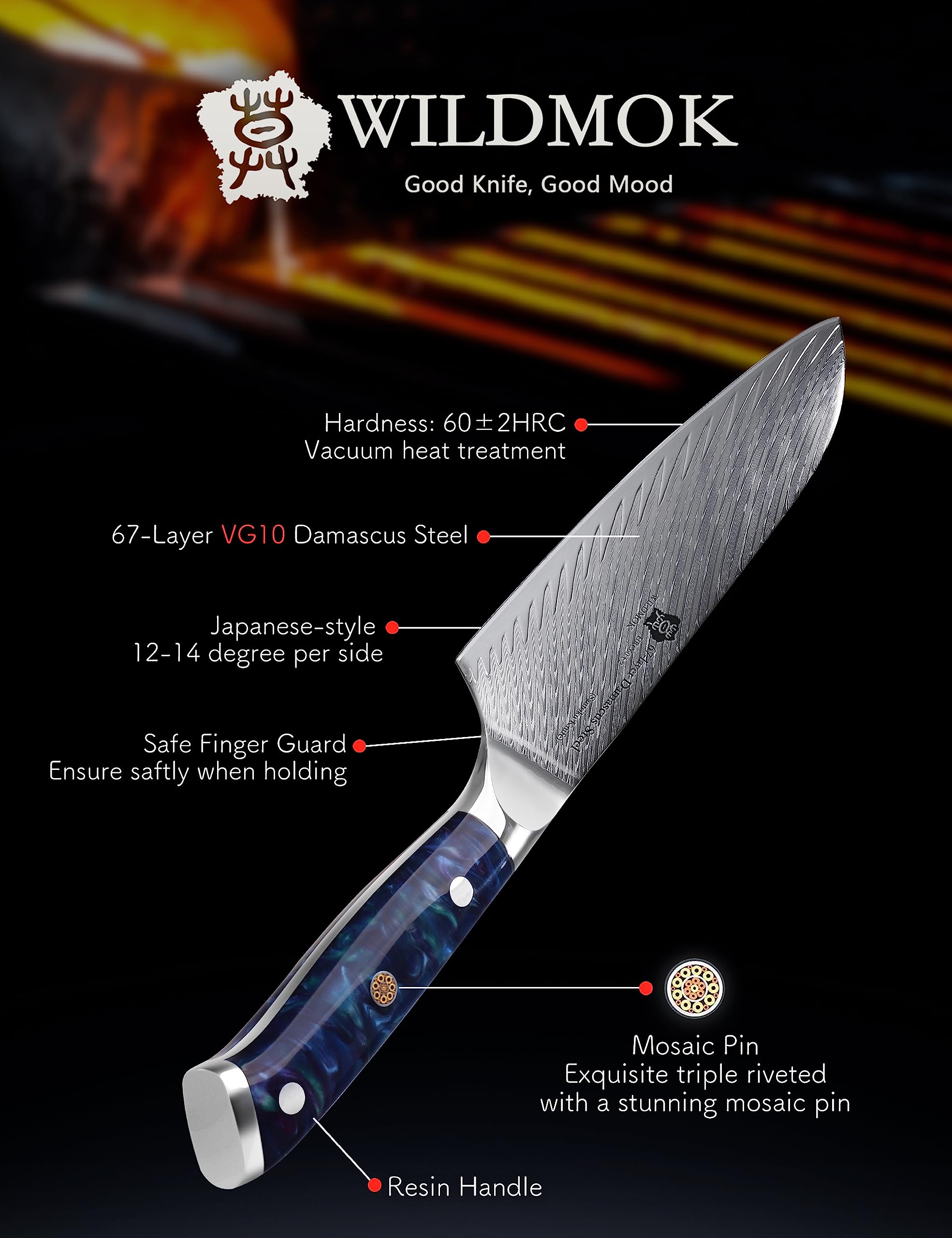WILDMOK Coltello da Chef, Coltello da Cucina Coltelli da Chef da 17.8 cm, Chef in Acciaio di Damasco Giapponese VG10 Professionale, con Impugnatura Ergonomica Full Tang per Cucina