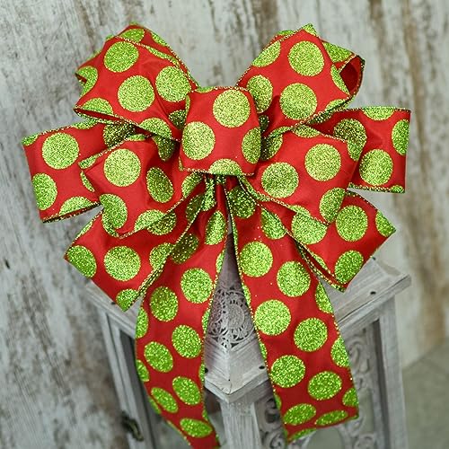 Miniatura 3 de Wreath Bow for Add On Attachments to Staircase, Garlands, Lanterns - Customized (Christmas Red Lime Polka Dot, Set of 2)