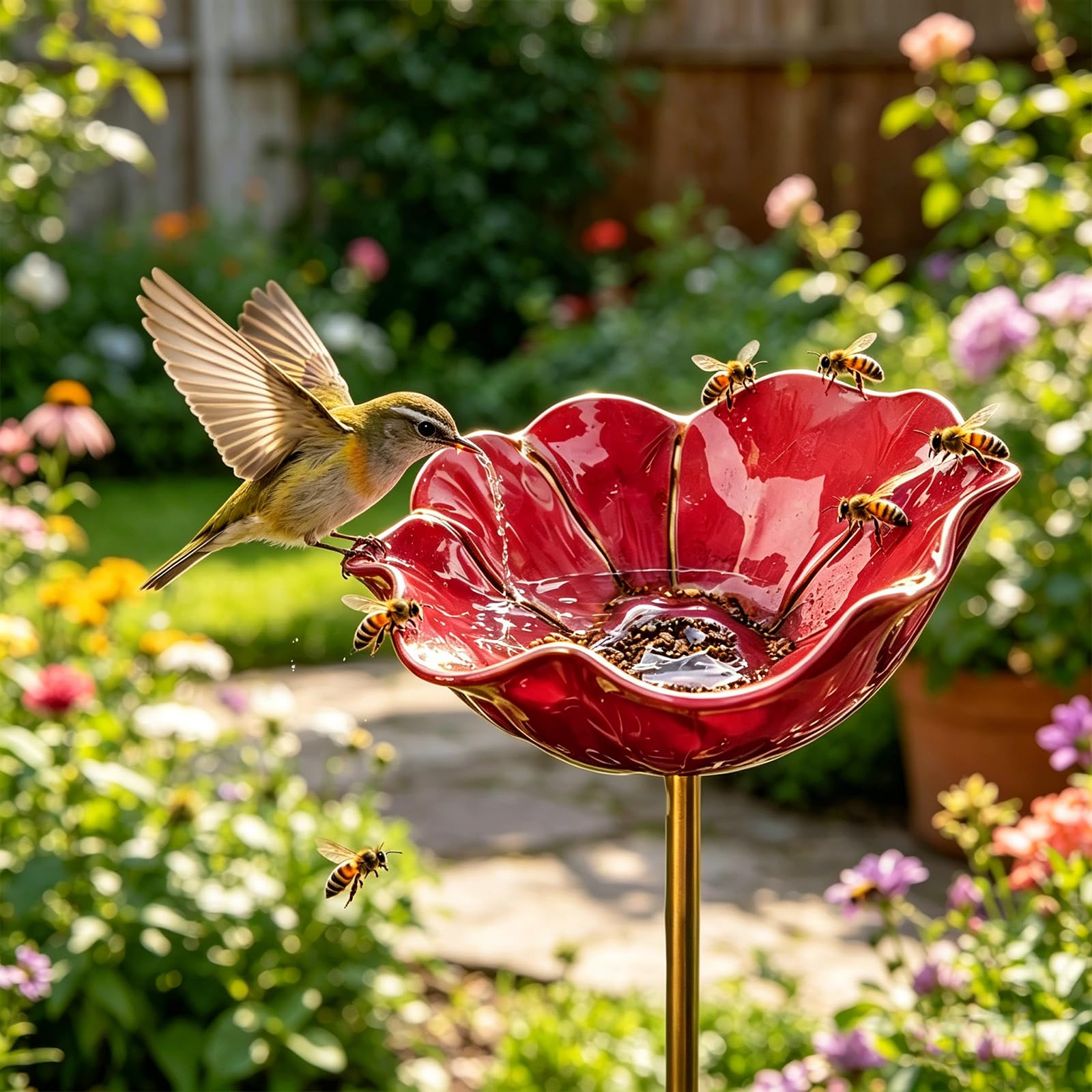 Handmade Metal Flower Garden Stake, Colourful Butterfly & Bee Water Feeder, Rain Catcher Bird Bath Bowls for Outdoor Yard, Lawn & Patio Décor (1pc-Red)