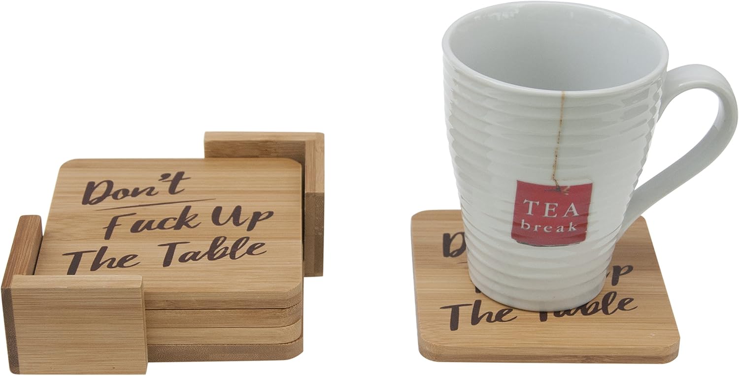 Don't Fuck Up The Table Bamboo Unique Drink Coasters | Set of 4 with Holder | Funny Housewarming Gift
